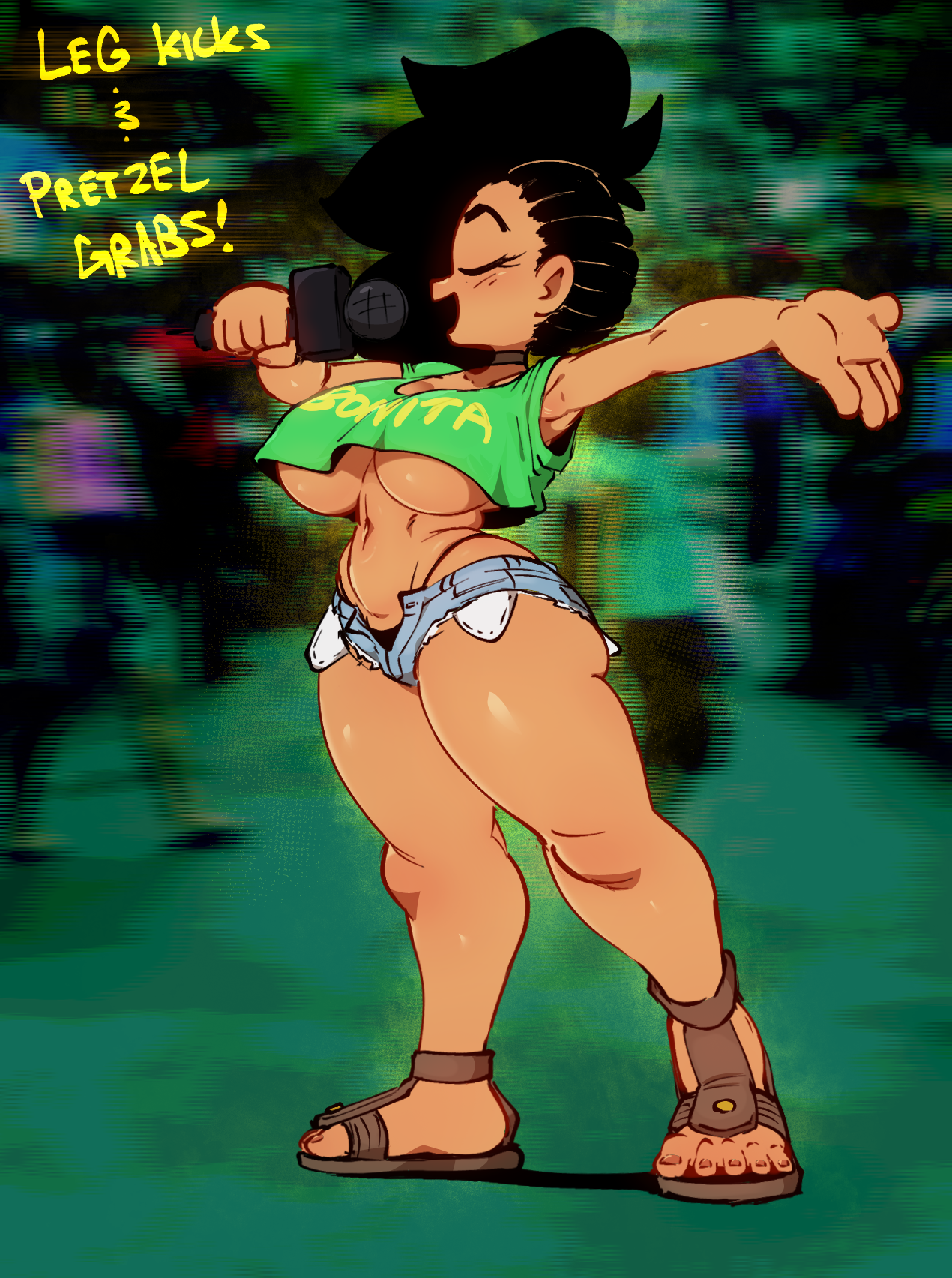 1girls, asymmetrical hair, black hair, black panties, blush, brazilian, brazilian female, breasts, capcom, closed eyes, clothes writing, crop top, crop top overhang, curvy, cutoffs, dark skin, dark-skinned female, eyelashes, female, female only, front view, highleg panties, hourglass figure, human, jellot, large breasts, laura matsuda, long hair, micro shorts, navel, panties, shorts, skindentation, solo, standing, street fighter, street fighter v, thick thighs, thong, underboob, video games