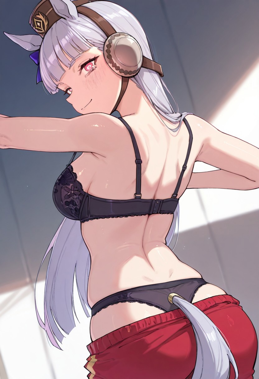 1girls, ai generated, animal ears, ass, cute, daichi333, female, fringe, gold ship (umamusume), light skin, light-skinned female, long hair, looking at viewer, looking back, petite, pink eyes, purple eyes, removing clothing, removing shirt, seductive look, slim, tagme, teenager, umamusume, umamusume pretty derby, white hair