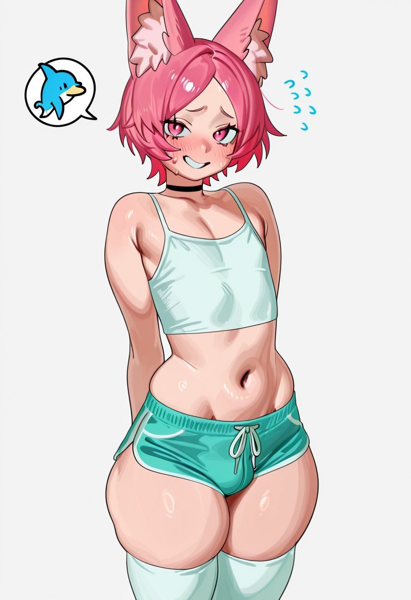 ai, ai generated, curvy figure, dolphin shorts, femboy, femenine male, fox ears, futacreamlover, otoko no ko, otokonoko, pink hair, short hair, shorts, tank top, trap