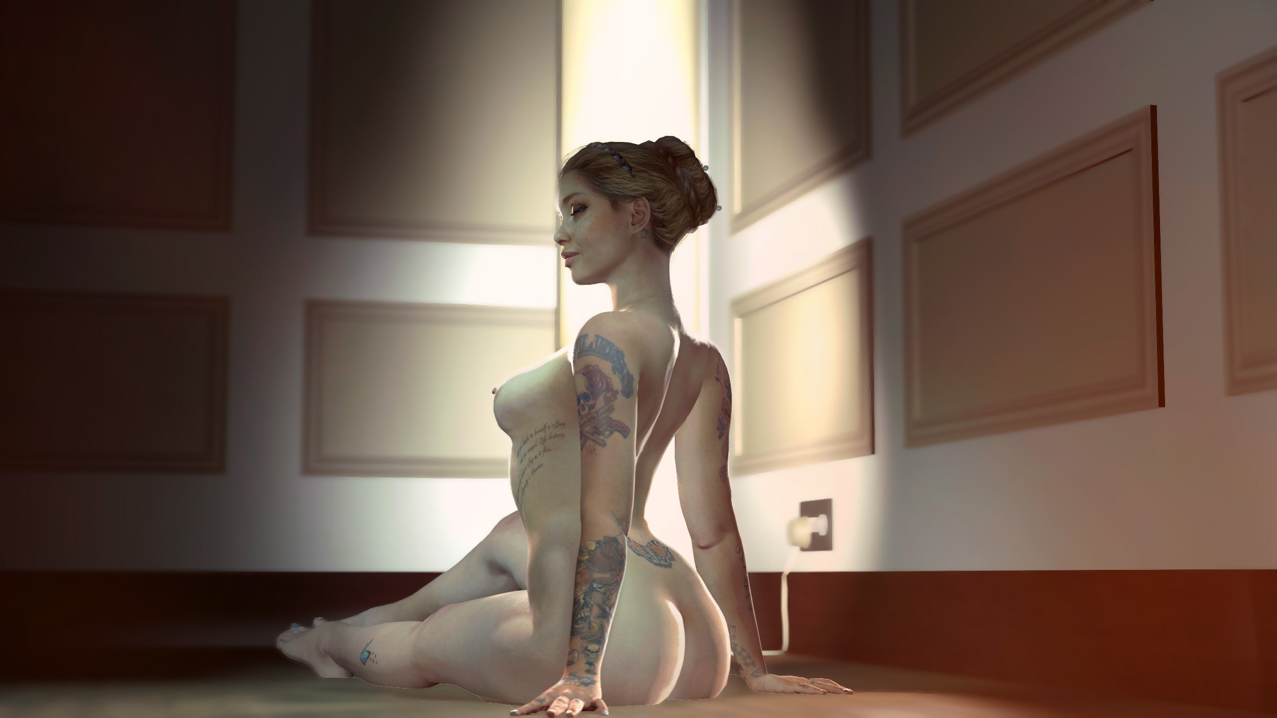 1girls, 3d, alternate hairstyle, areola, areolae, ass, back, breasts, closed eyes, devil may cry, devil may cry (series), devil may cry 5, feet, female, female only, freckles, hairband, looking away, nicoletta goldstein, nipples, nude, pose, sideboob, sitting, solo, source filmmaker, tastytextures, tattoo, text, toes