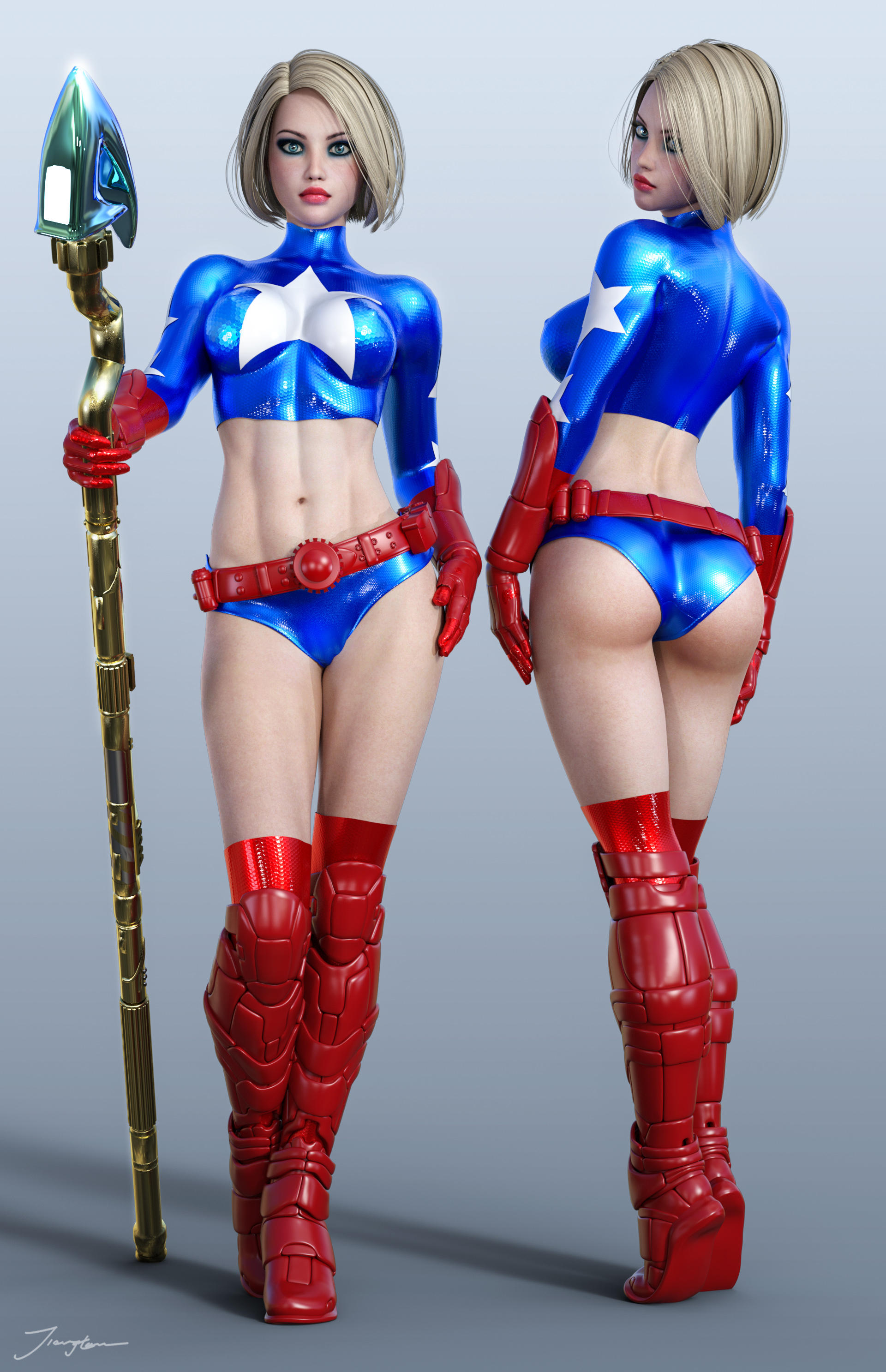 1girls, 3d, ass, back view, belt, big breasts, blonde hair, blue eyes, blue shorts, blue topwear, boots, booty shorts, breasts, busty, courtney whitmore, curvaceous, curvy, dc, dc comics, erect nipples, erect nipples under clothes, eyeshadow, female, female only, from behind, front view, gloves, holding staff, human, justice society of america, kneehighs, large breasts, lipstick, makeup, mascara, nipple bulge, nipples, pinup, red belt, red boots, red gloves, red kneehighs, red lips, red lipstick, shiny clothes, short hair, short shorts, shorts, signature, solo, staff, stargirl, superheroine, tiangtam, tight clothing, tiptoes, topwear, uncensored, voluptuous