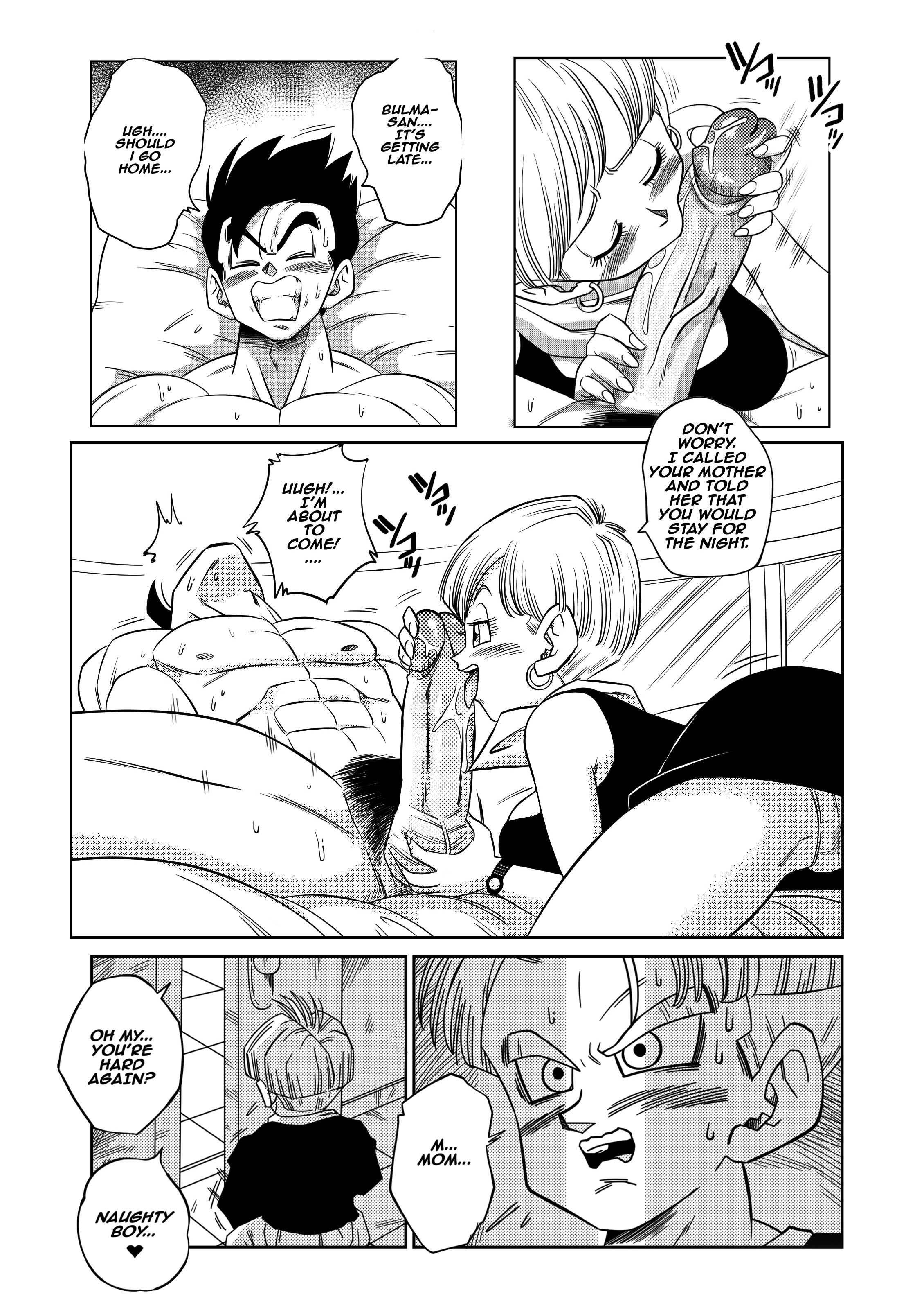 black and white, breasts, bulma briefs, caught in the act, dragon ball, dragon ball z, edit, female, future trunks, monochrome, son gohan, trunks briefs, yamamoto doujin