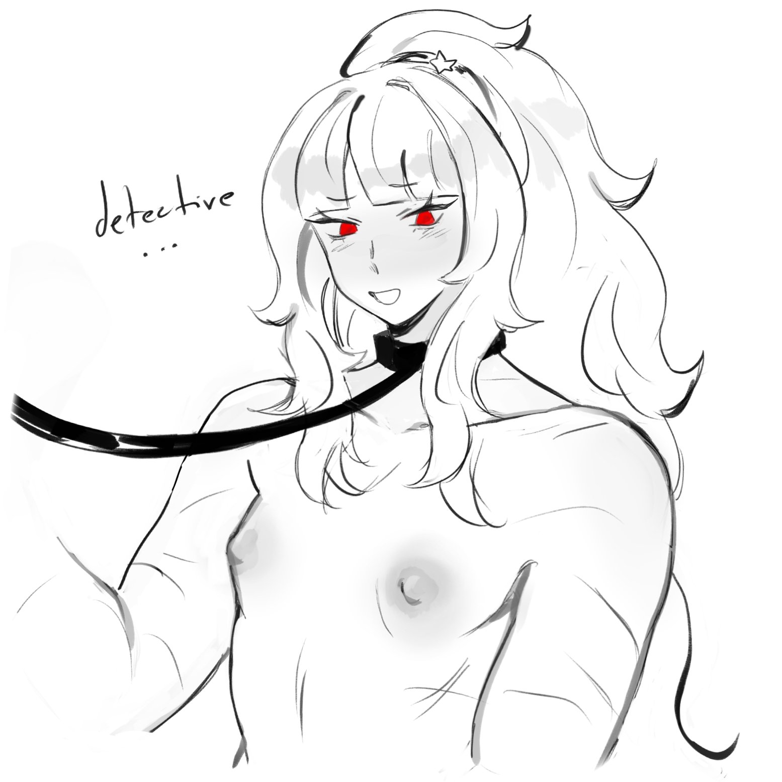 collar, dearpupa, distortion detective, ezra (distortion detective), leash, lesbian focus, long hair, naked, offscreen female, ponytail, project moon, red eyes, scar, tagme
