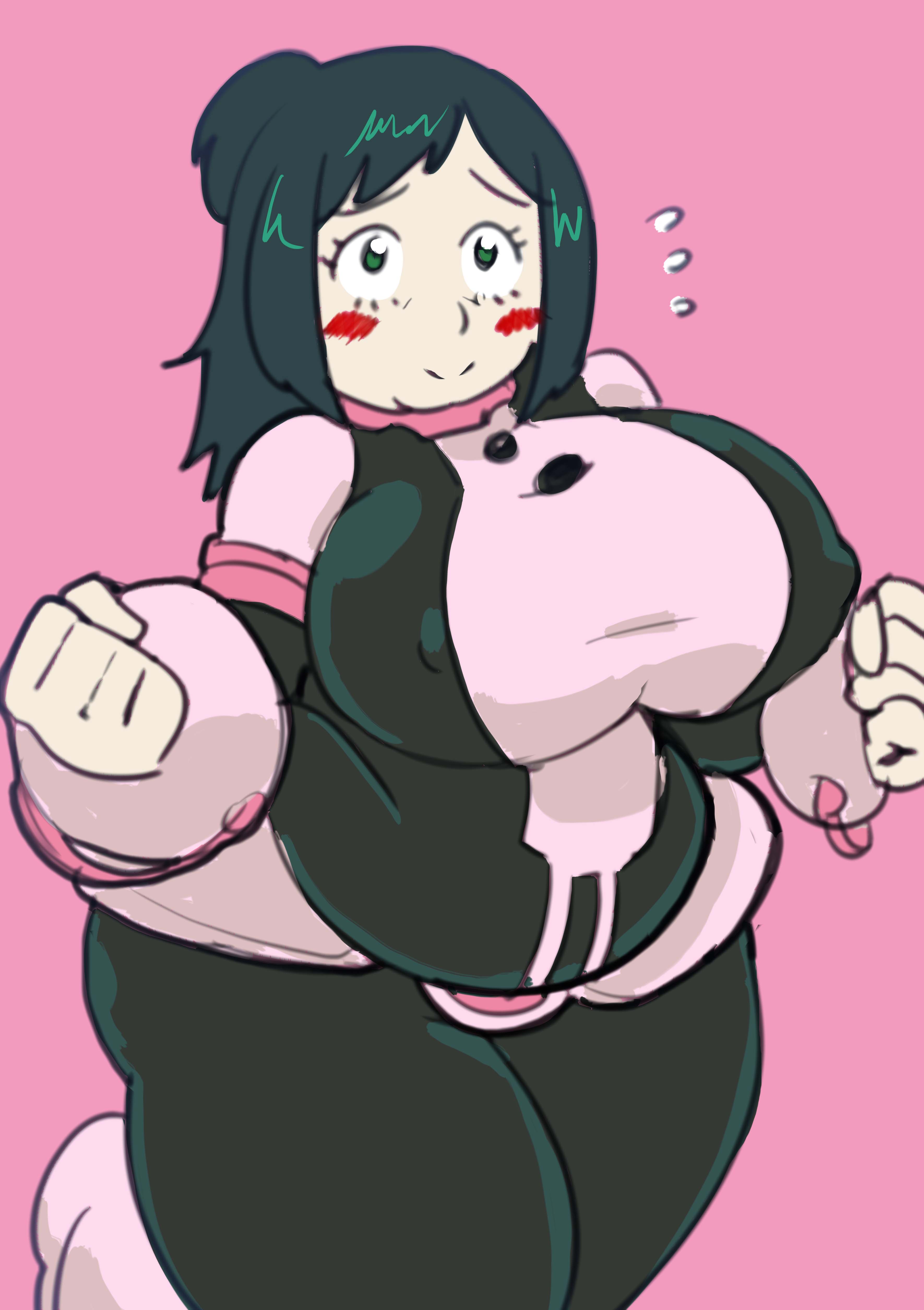 1girls, ass, bbw, big belly, big breasts, blush, bodysuit, breasts, clothed, cosplay, female, green eyes, green hair, huge ass, huge breasts, inko midoriya, mature female, milf, mother, my hero academia, ochako uraraka (cosplay), overweight, overweight female, pink background, plump, pose, skin tight, smile, solo, thick thighs, venus body, wide hips