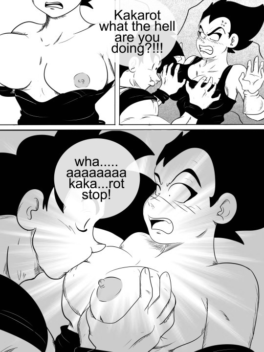 !, 1boy, 1girls, angry, areolae, big breasts, black and white, black hair, blush, breasts, breasts out, breasts out of clothes, clenched teeth, closed eyes, clothing, dot eyes, dragon ball, dragon ball z, drooling, english text, female, female vegeta, gloves, grabbing breasts, male, nipples, open mouth, rule 63, saiyan, son goku, sucking nipples, text, ukevegeta13, vegeta