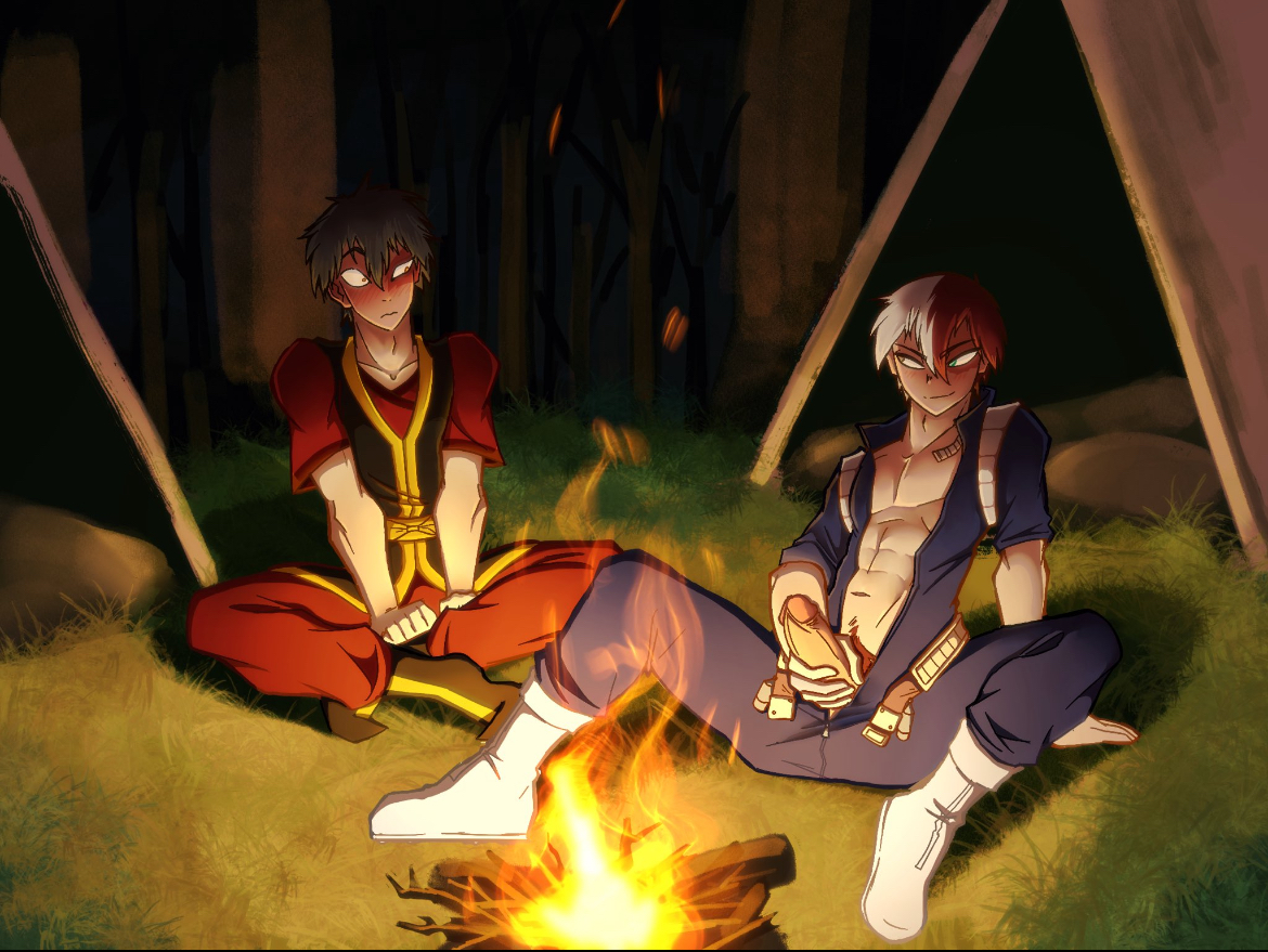 2boys, avatar the last airbender, blush, clothed, clothing, crossover, embarrassed, gay, jacking off, jerking, jerking off, jerkingoff, male, male focus, male only, male/male, masturbation, my hero academia, outdoors, partially clothed, penis, pretty werewolf, pubic hair, shouto todoroki, smirk, smirking at partner, yaoi, zuko