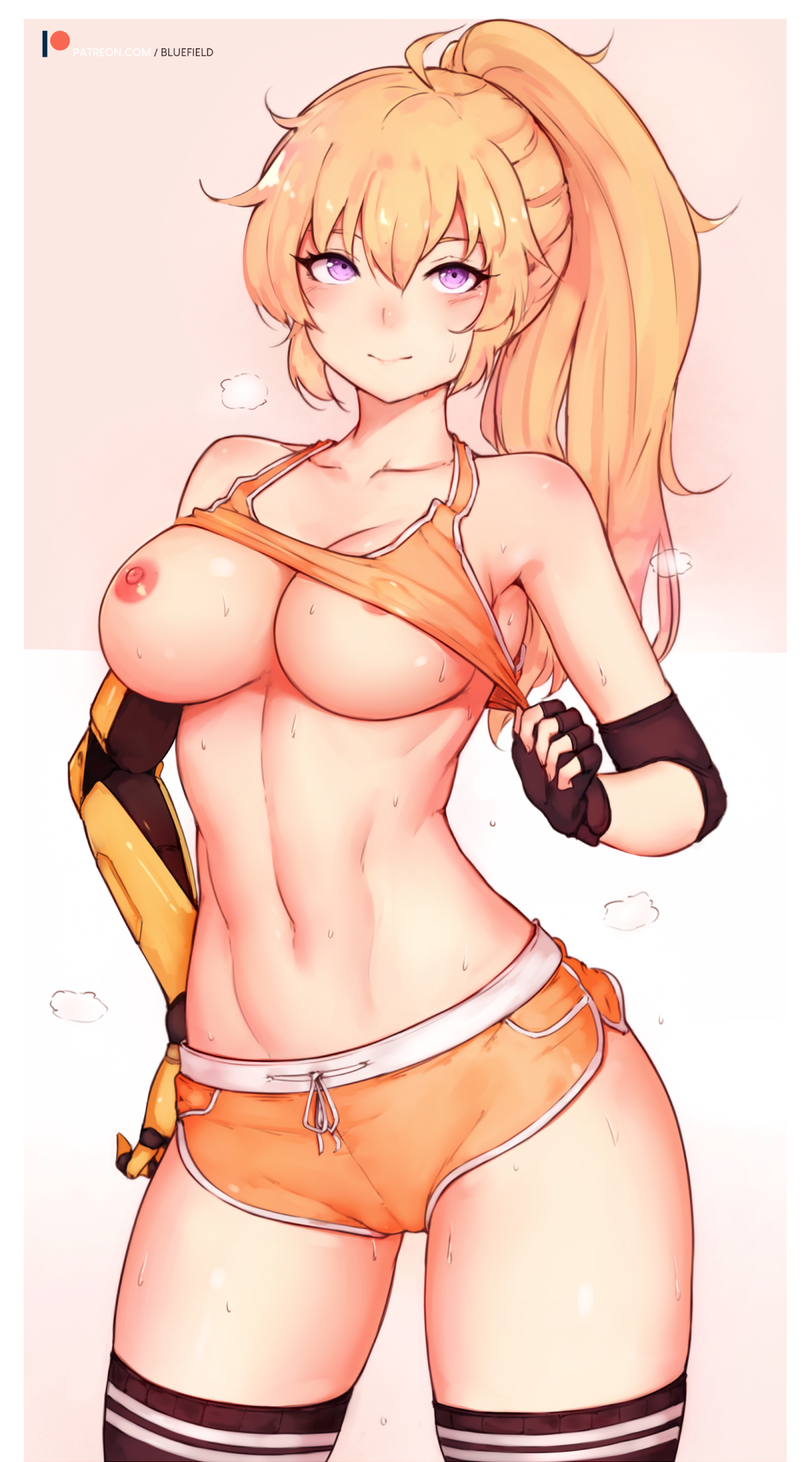 1girls, abs, areolae, blonde hair, bluefield, breasts, cameltoe, female, female only, looking at viewer, nipples, prosthetic, prosthetic arm, pussy, robotic arm, rwby, short shorts, solo, sweat, sweaty breasts, thighhighs, yang xiao long