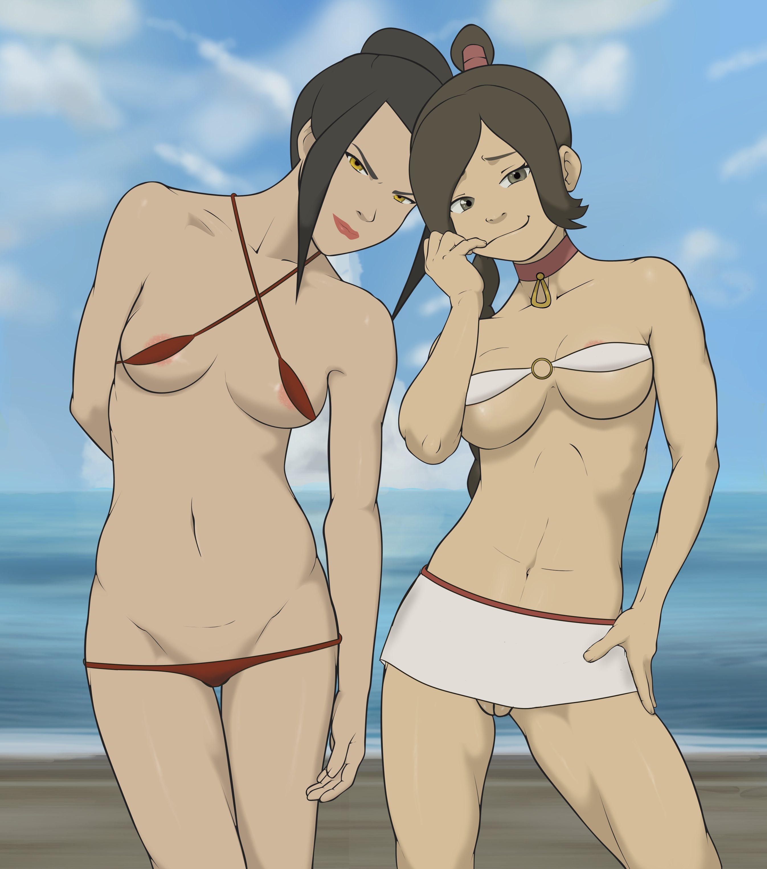 :3, 2girls, anaxus, areolae, areolae slip, avatar the last airbender, azula, barely visible genitalia, big breasts, bikini, bra, breasts, brown eyes, brown hair, choker, clothing, female, female only, gold eyes, hourglass figure, human, looking at viewer, medium breasts, midriff, multiple females, multiple girls, nipple peek, offscreen character, pussy, skimpy clothes, skirt, small breasts, smug, swimsuit, ty lee, underboob, vagina