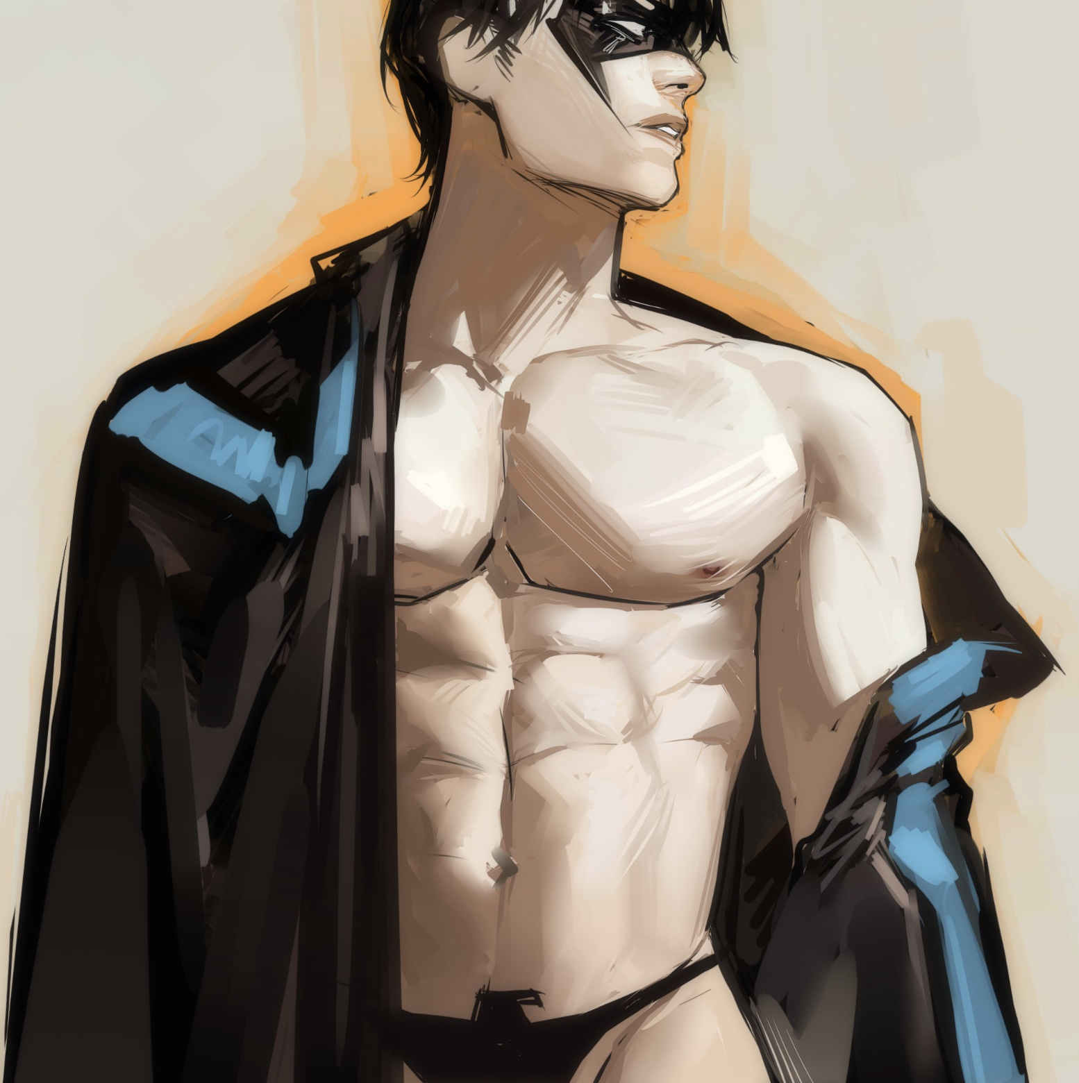 1boy, dc, dc comics, dick grayson, human, lkikai, male, male focus, male only, muscles, muscular, muscular male, nightwing, no visible genitalia, solo, solo focus, solo male, thong, toned, toned male, twunk, underwear