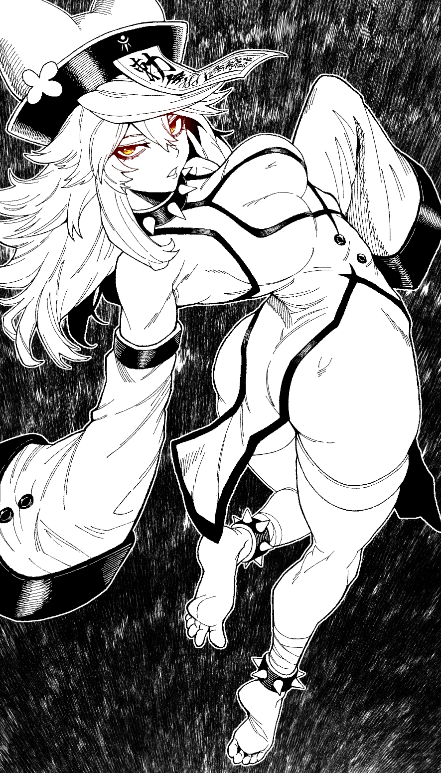 ass, back view, big ass, big butt, boob window, breasts, clothing, covering breasts, feet, female, female focus, female only, guilty gear, guilty gear strive, hair, headwear, high angle view, jiangshi, jiangshi costume, legwear, long sleeves, looking at viewer, looking back, medium breasts, partially clothed, ramlethal valentine, restricted palette, solo, spiked collar, spiked leg bracelet, thick thighs, thighs, websake