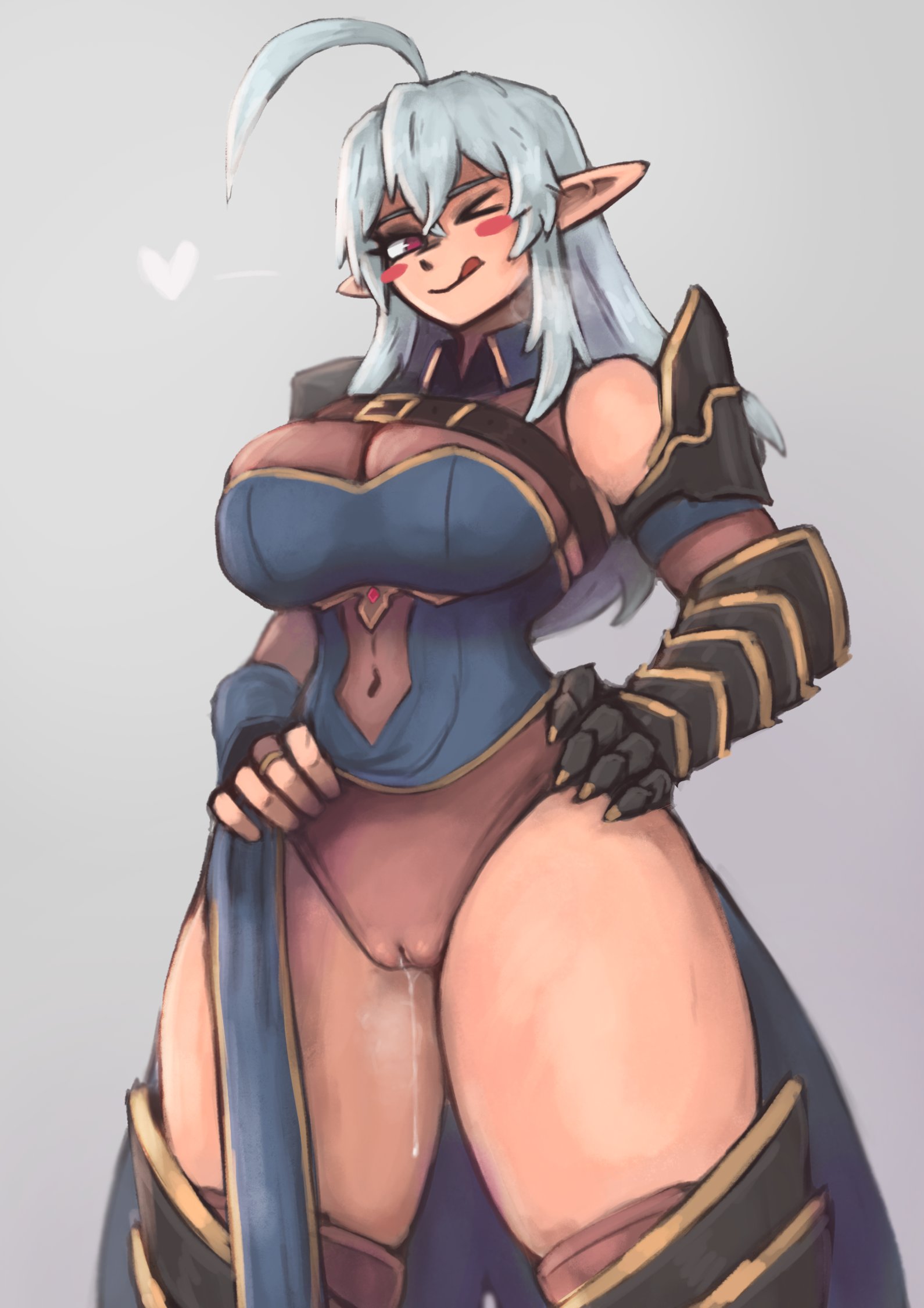1girls, ahoge, armor, armored female, breasts, claws, cleavage, dripping, dripping pussy, female, female focus, female only, flirting, frostwallart, gauntlet, geega, grey hair, hips, indie virtual youtuber, large breasts, looking at viewer, pointy ears, pussy, pussy juice, pussy juice drip, pussy juice string, revealing clothes, seductive, see-through, see-through clothing, smile, solo, thick thighs, thighhighs, thighs, virtual youtuber, vtuber, wet, wet pussy, wide hips, wink