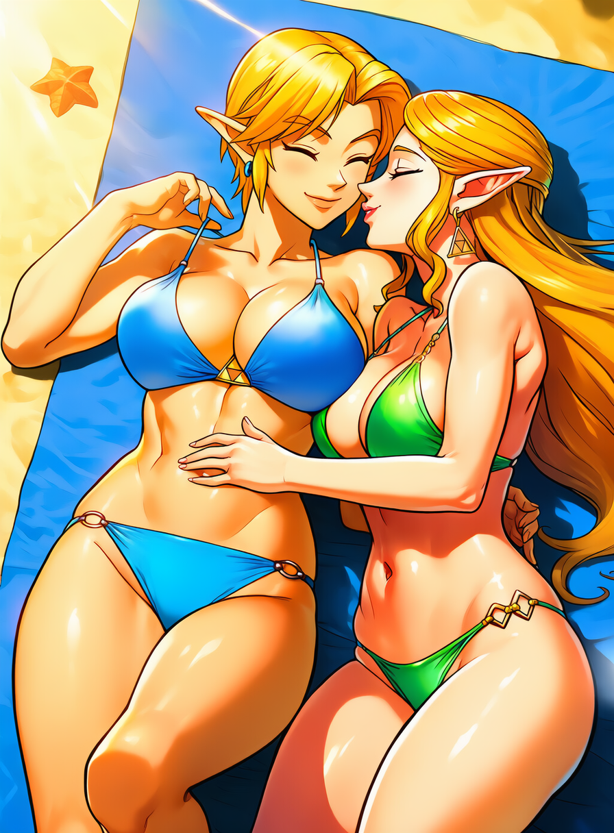 2girls ai_generated bikini blonde_hair blue_bikini breasts elf_ears genderswap_(mtf) green_bikini large_breasts link link_(ocarina_of_time) lying princess_zelda rule_63 short_hair the_legend_of_zelda the_legend_of_zelda:_ocarina_of_time yuri zelda_(ocarina_of_time)