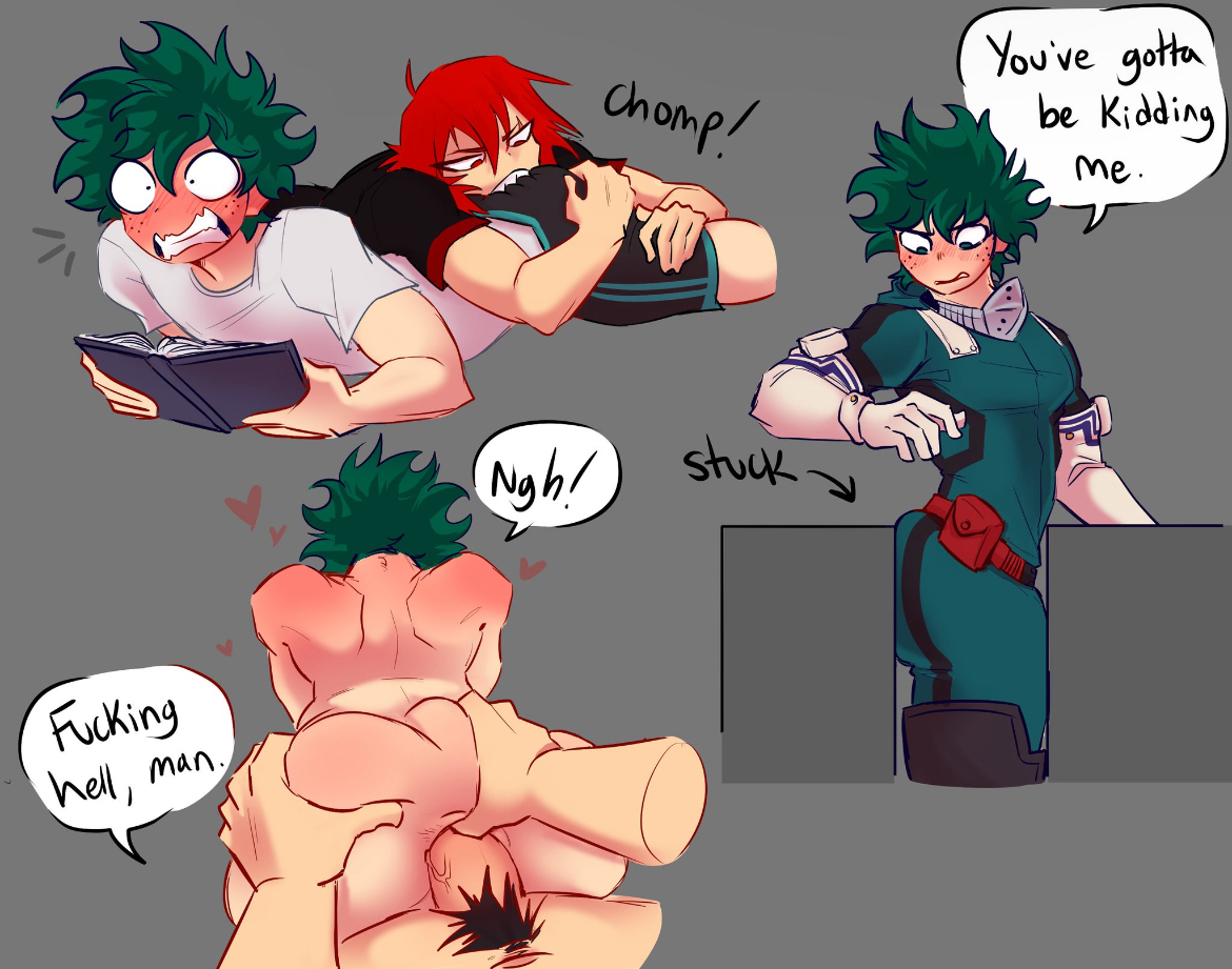 2boys, anal, anal sex, ass, ass biting, ass focus, ass grab, big ass, biting ass, boku no hero academia, bubble ass, bubble butt, clothed, clothing, eijirou kirishima, english text, fat ass, floating hands, floating heart, gay, gay anal, gay sex, grabbing ass, groping, groping ass, izuku midoriya, kirishima eijirou, male, male focus, male only, male penetrated, male penetrating, male penetrating male, male/male, midoriya izuku, my hero academia, naked, naked male, nude, nude male, penis, penis in ass, pretty werewolf, pubic hair, red hair, round ass, squeezing butt, stuck, yaoi