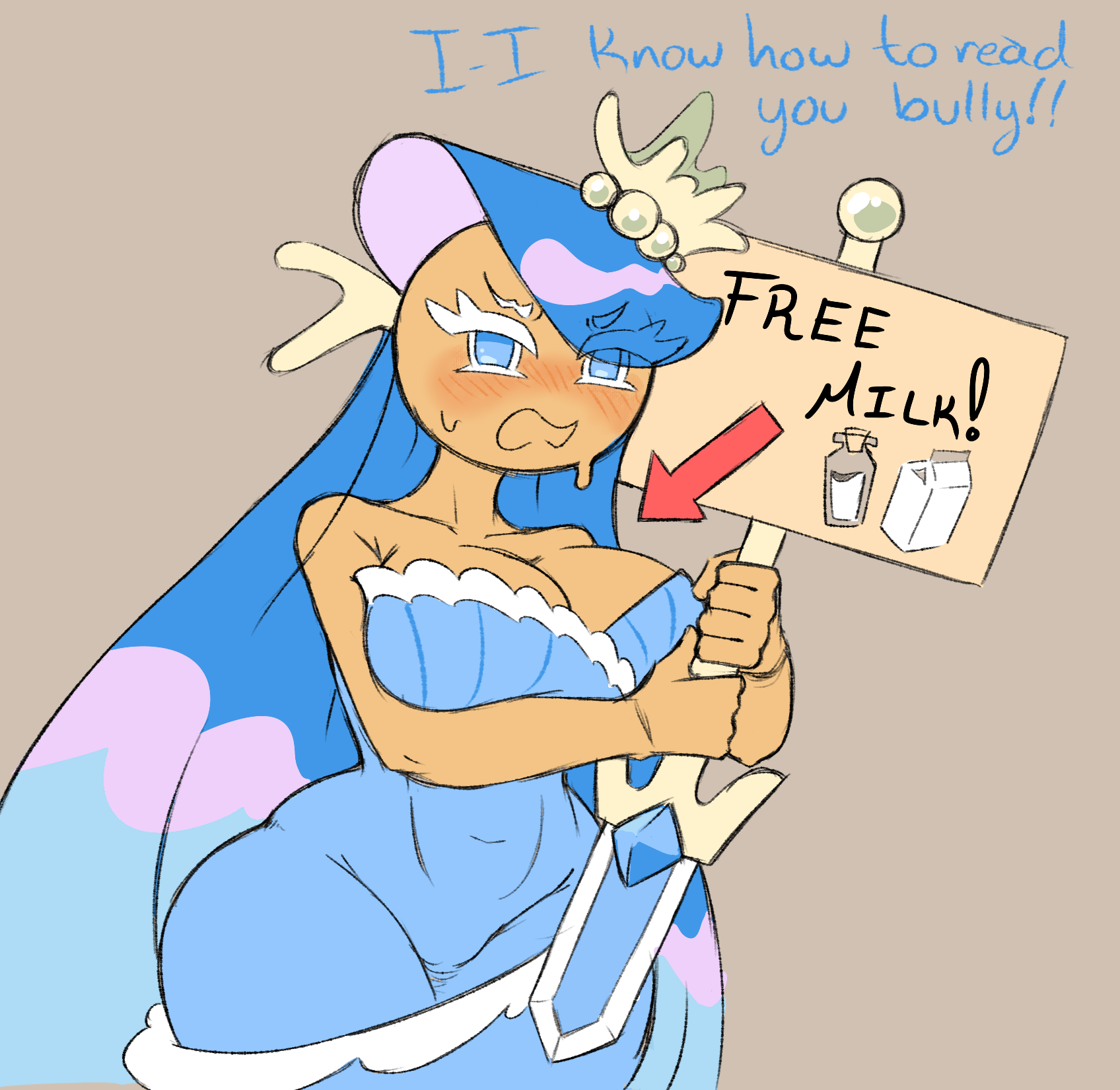 big breasts, big thighs, blue eyes, blue hair, blush, breasts, cookie run, cookie run kakao, cookie run kingdom, cookie run ovenbreak, embarrassed, female, holding object, sea fairy cookie, shadyshadsie, sign, solo, solo focus