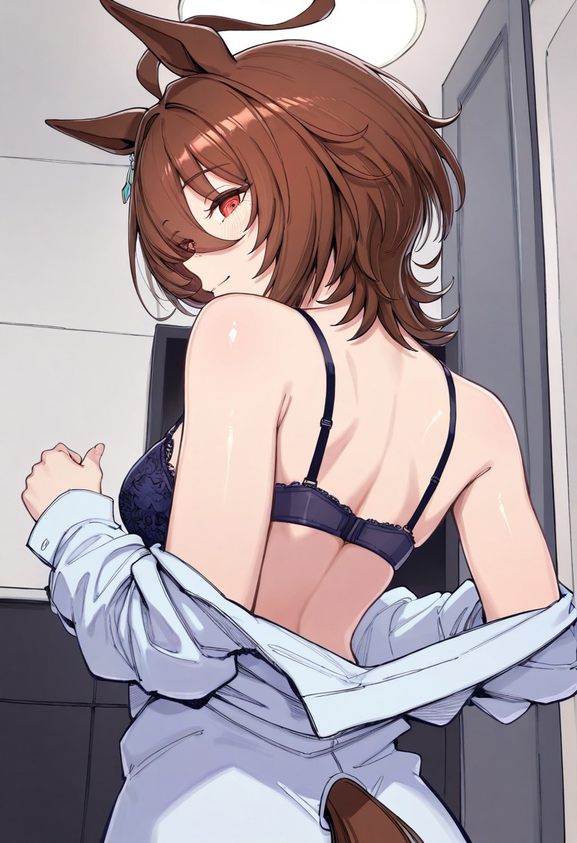 1girls, agnes tachyon (umamusume), ai generated, back, back view, bra, brown eyes, brown hair, daichi333, female, fringe, light skin, light-skinned female, looking at viewer, looking back, medium hair, petite, red eyes, removing clothing, removing shirt, seductive look, slim, tagme, umamusume, umamusume pretty derby