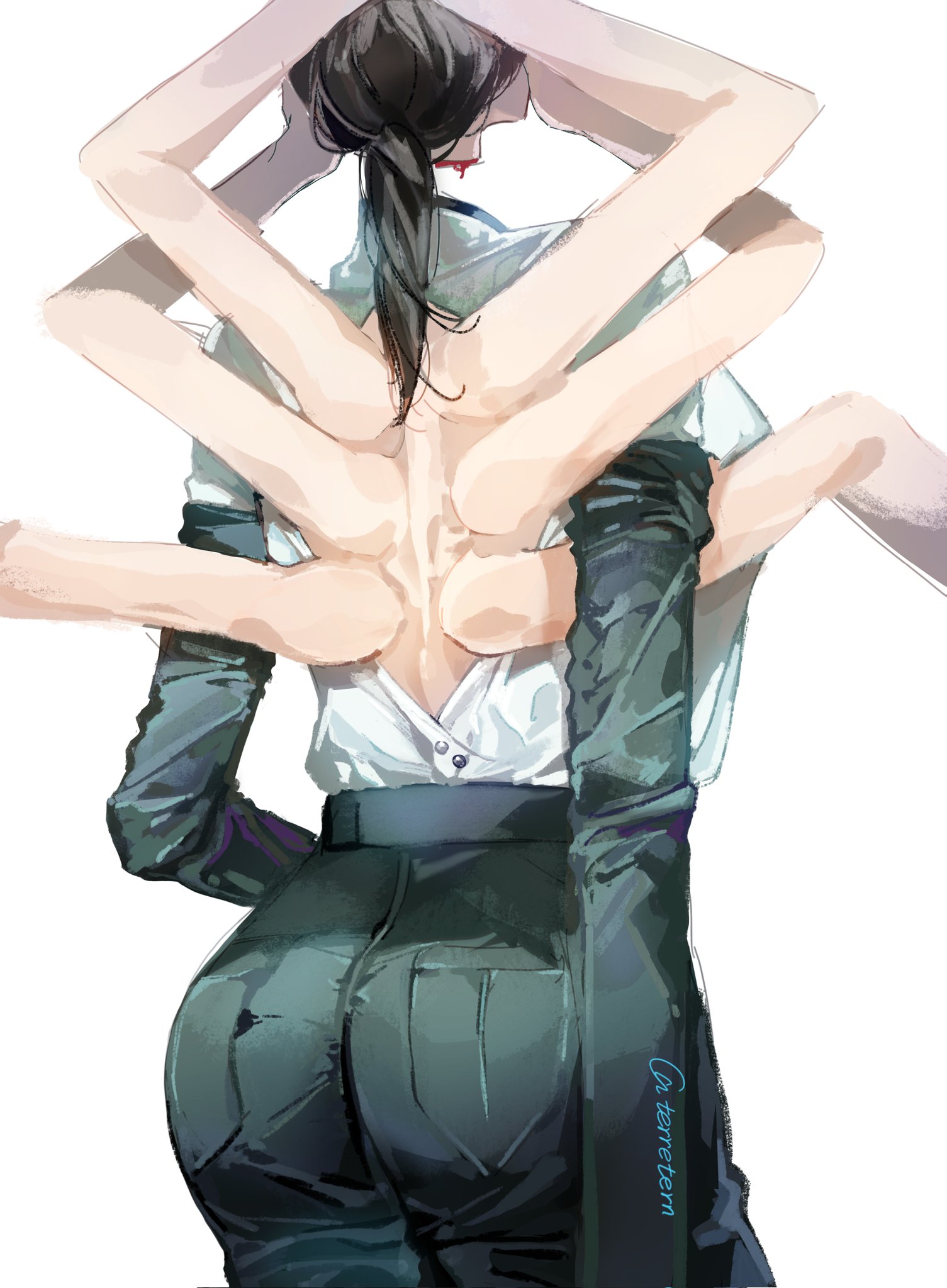 8 arms, ass, back view, belt, big ass, big butt, chainsaw man, cllothing, clothed, clothes, falling devil (chainsaw man), fat ass, fat butt, female, female focus, female only, gloves, multi arm, multi limb, pants, terretern, thick ass, thick butt