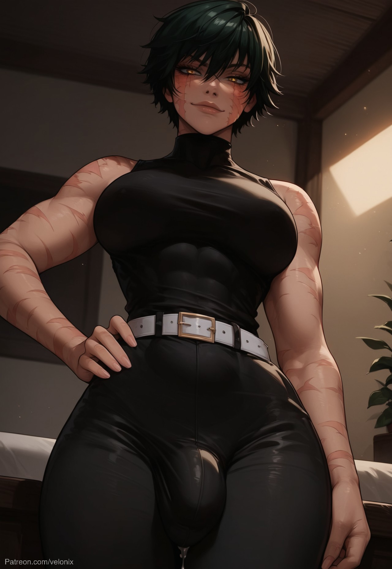 1futa, abs, ai generated, ass, balls, big ass, big breasts, big butt, big hips, big penis, breasts, cleavage, dark green hair, dick, dickgirl, eyebrows, eyelashes, female, futa only, futanari, green hair, grin, grinning, grinning at viewer, hair, hands-free, huge cock, indoors, intersex, jujutsu kaisen, lips, long hair, looking at viewer, makeup, maki zenin, medium hair, muscular, muscular female, muscular futa, narrow waist, narrowed eyes, nose, penis, scar, scar on arm, scar on cheek, scar on chest, scar on face, scar on leg, scar on neck, scar on stomach, scared face, seducing, seductive, seductive eyes, seductive gaze, seductive look, seductive mouth, seductive pose, seductive smile, short hair, smile, smile at viewer, smiley face, smooth balls, smooth penis, smooth skin, solo, solo dickgirl, solo focus, solo futa, testicles, velonix, yellow eyes, zenin maki