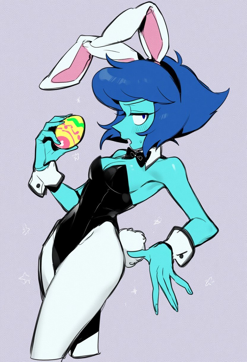 ai generated, blue body, blue eyes, blue skin, bunny ears, bunnysuit, easter egg, gem (species), lapis lazuli (steven universe), lapis slopzuli, steven universe, uravity98114