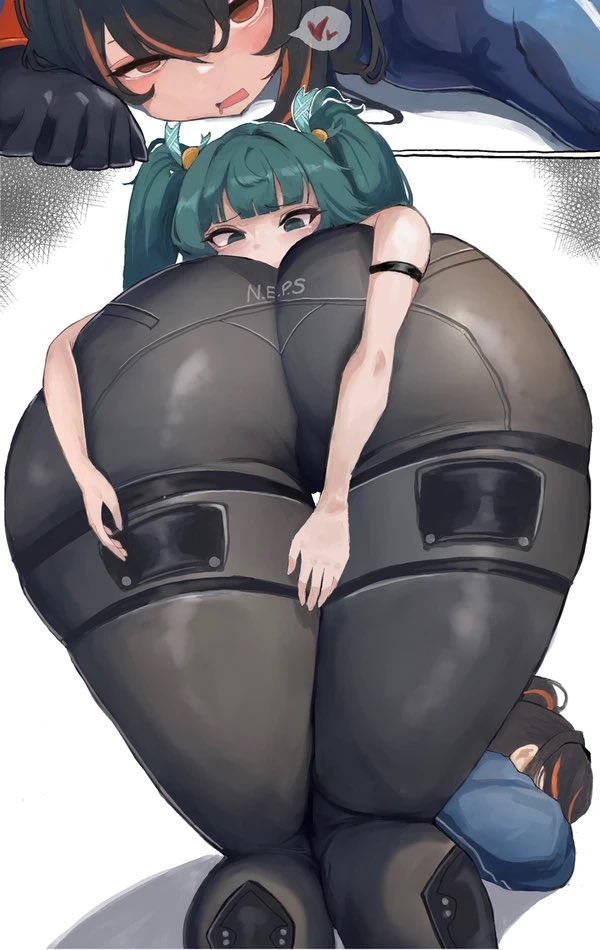 2girls, android, android girl, anus, anus visible through clothes, ass, ass focus, back, back view, big ass, black hair, blush, cameltoe, clothing, dark green hair, female, female only, green eyes, green hair, hair, hair ornament, hand on ass, huge ass, kim somang, legs spread, looking back, orange eyes, police, police officer, police uniform, policewoman, ponytail, pussy, qingyi (zenless zone zero), steam, steamy, thick thighs, thigh strap, thighs, twintails, two-tone hair, yuri, zenless zone zero, zhu yuan