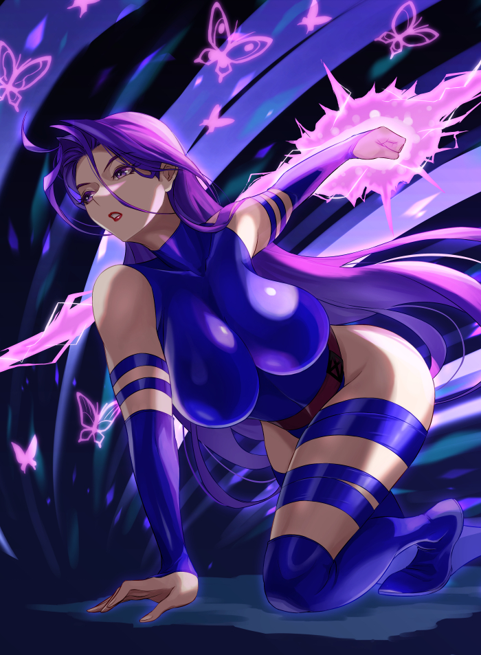 bare_shoulders betsy_braddock blue_leotard breasts bridal_gauntlets bug butterfly clenched_hand commentary_request elbow_gloves ema_(emaura) energy_sword female gloves highleg highleg_leotard large_breasts leotard long_hair makeup marvel marvel_comics on_one_knee psychic psylocke purple_eyes purple_hair sash solo sword thighhighs weapon x-men