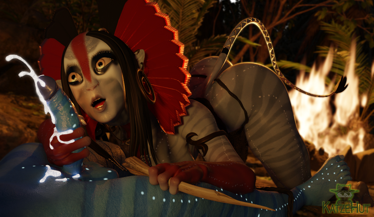 3d, alien, alien girl, ass, avatar, avatar: fire and ash, black hair, blue skin, body paint, crazy eyes, cum, female, genitals, hips, humanoid, humanoid penis, katzehut, leg up, long hair, na'vi, outdoors, stimulation, surprised, surprised expression, tail, varang, wide 