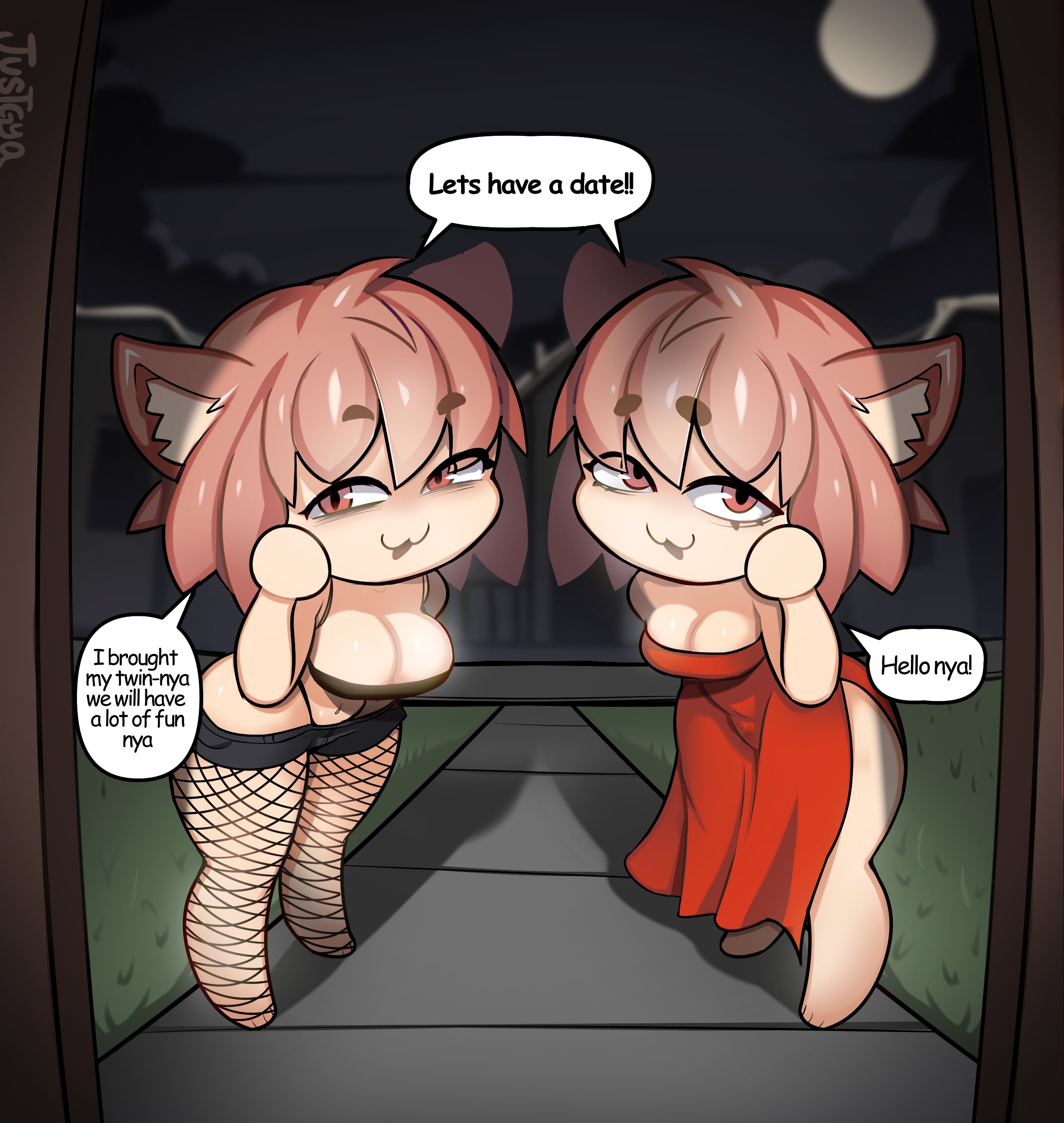 :3, 2girls, absurd res, animal humanoid, big breasts, breasts, cat humanoid, cleavage, clothed, clothing, crop top, dress, duo, featureless feet, featureless hands, feet, felid, felid humanoid, feline, feline humanoid, female, female only, fishnet clothing, fishnet legwear, full body, hi res, humanoid, iseenudepeople, justgya, legwear, looking at viewer, mammal, mammal humanoid, midriff, multiple females, multiple girls, neco spirit, shirt, short stack, thong, topwear, tsukihime, type-moon, underwear