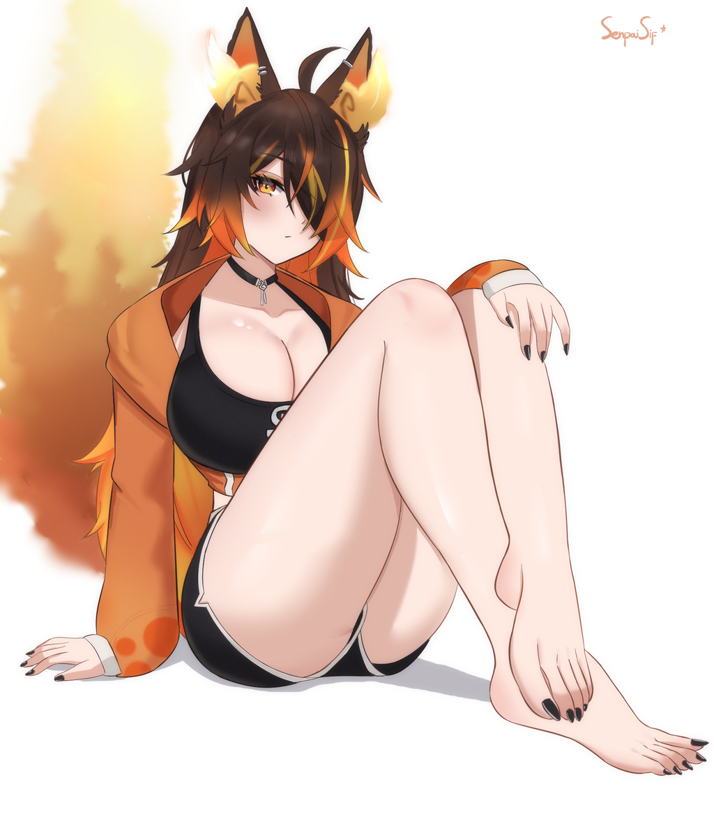 1girls, bare legs, barefoot, big breasts, black nail polish, black toenails, booty shorts, boss rush, bra, breasts, brown hair, feet, female, female focus, female only, fire tail, hair over one eye, hellhound, indie virtual youtuber, large breasts, light skin, light-skinned female, long hair, long nails, long toenails, long-haired female, multicolored hair, orange jacket, senpaisif, sinder (vtuber), sinder (vtuber) (pyro pajamas), toes, virtual youtuber, vtuber, wolf, wolf ears, wolf girl, wolf tail