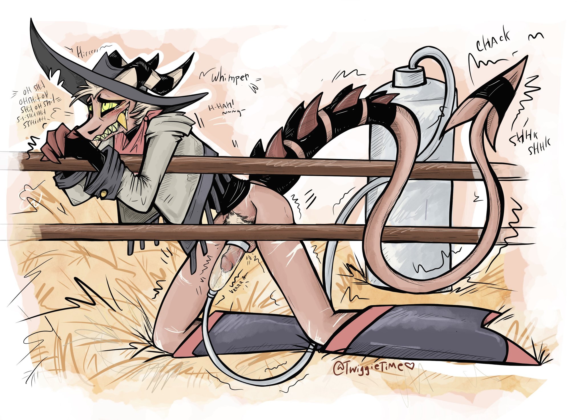 1boy, 2023, 2d, balls, ballsack, bandana, blush, clothing, color, cowboy hat, english, english text, erect penis, erection, genitals, golden tooth, hat, heels, helluva boss, horns, imp, male, male only, milking, milking machine, milking penis, penis, pubic hair, shoes, spiked tail, striker (helluva boss), suction, suction cup, tail, text, twiggietime, vivienne medrano, watermark