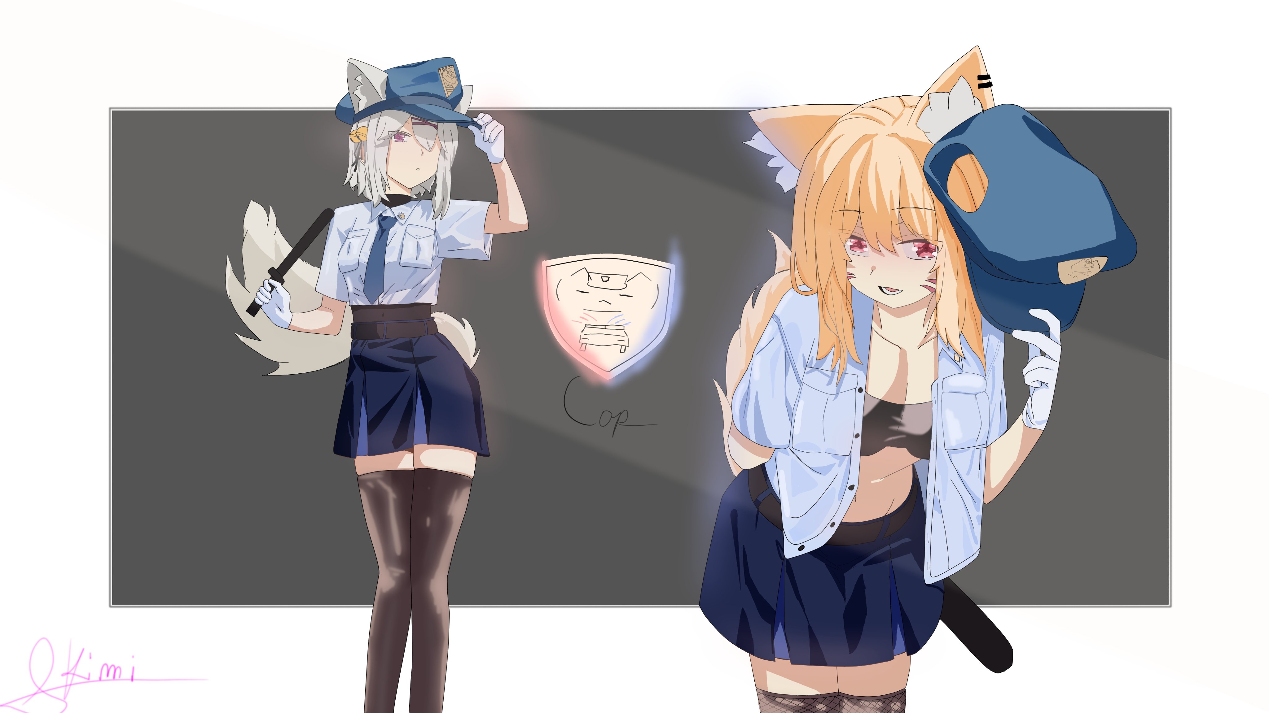 :d, 2girls, animal ear fluff, animal ears, bangs, black bra, black headwear, black legwear, black neckwear, black skirt, blonde hair, blue headwear, blue neckwear, blue skirt, bra, breasts, cat ears, cat tail, collared shirt, cop filian, cuffs, dress shirt, eyebrows visible through hair, female, filian (vtuber), fox ears, fox girl, fox tail, garter straps, gloves, handcuffs, hat, holding, indie virtual youtuber, long hair, looking at viewer, miniskirt, multiple females, multiple girls, necktie, open clothes, open mouth, open shirt, police, police hat, police uniform, policewoman, red eyes, rindo (vrchat), shirt, short sleeves, side slit, skirt, sleeves rolled up, small breasts, smile, squchan (vtuber), standing, striped, tail, thighhighs, underwear, uniform, vest, virtual youtuber, vrchat, vyugen, white gloves, white shirt, zettai ryouiki
