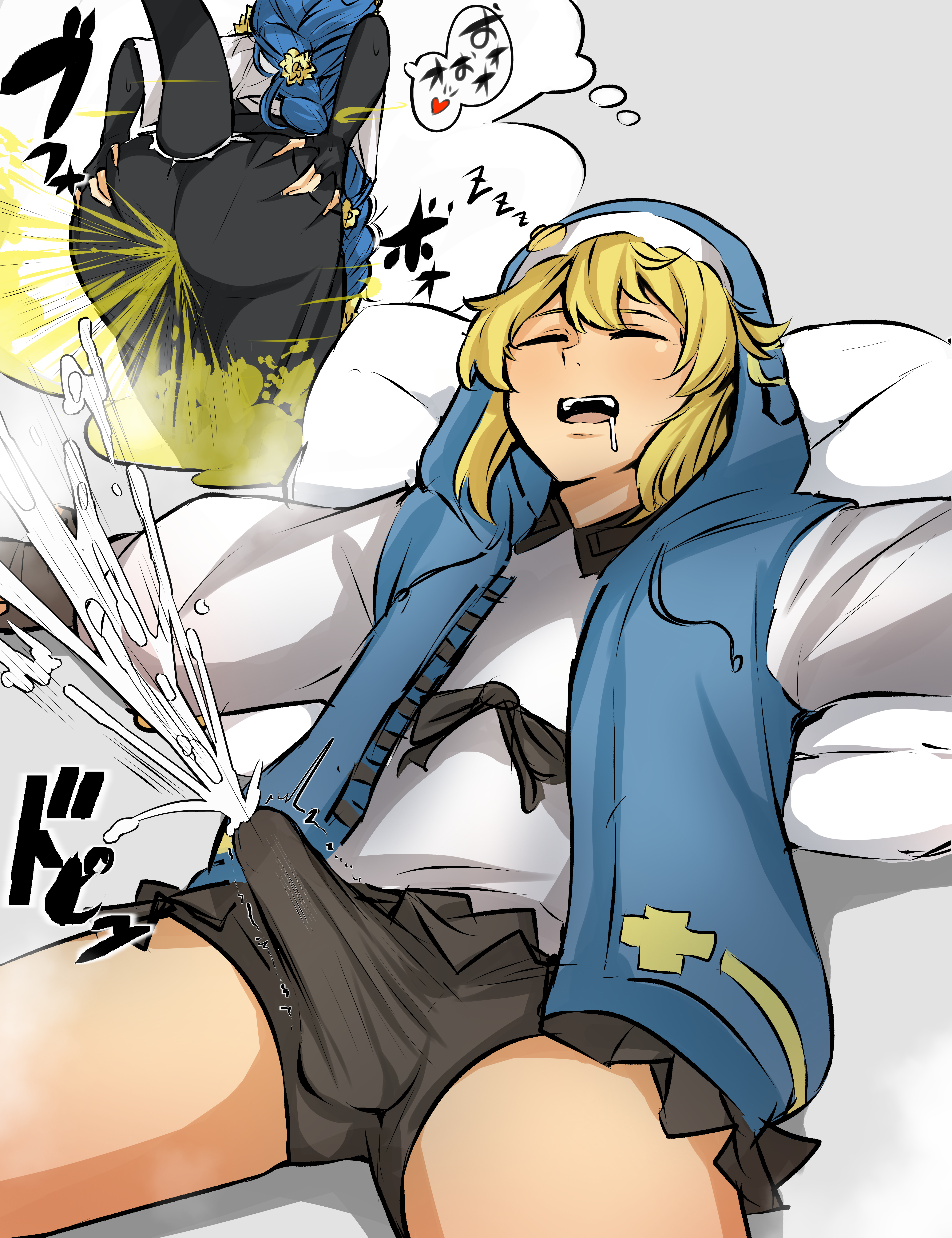 1boy, 1girls, artist request, ass, ass spread, blonde hair, boner, bridget, cock, cock outline, cum, cum explosion, cum through clothes, cum through clothing, cum through underwear, cumming, dick outline, dizzy (guilty gear), drooling, ejaculate, ejaculating, ejaculating cum, ejaculation, ejaculation under clothes, erection, erection under clothing, fart, farting, female, guilty gear, horny, male, penis, pillow, pillows, queen dizzy, sperm, throbbing, throbbing penis, trans woman, transgender, translation request, wet dream