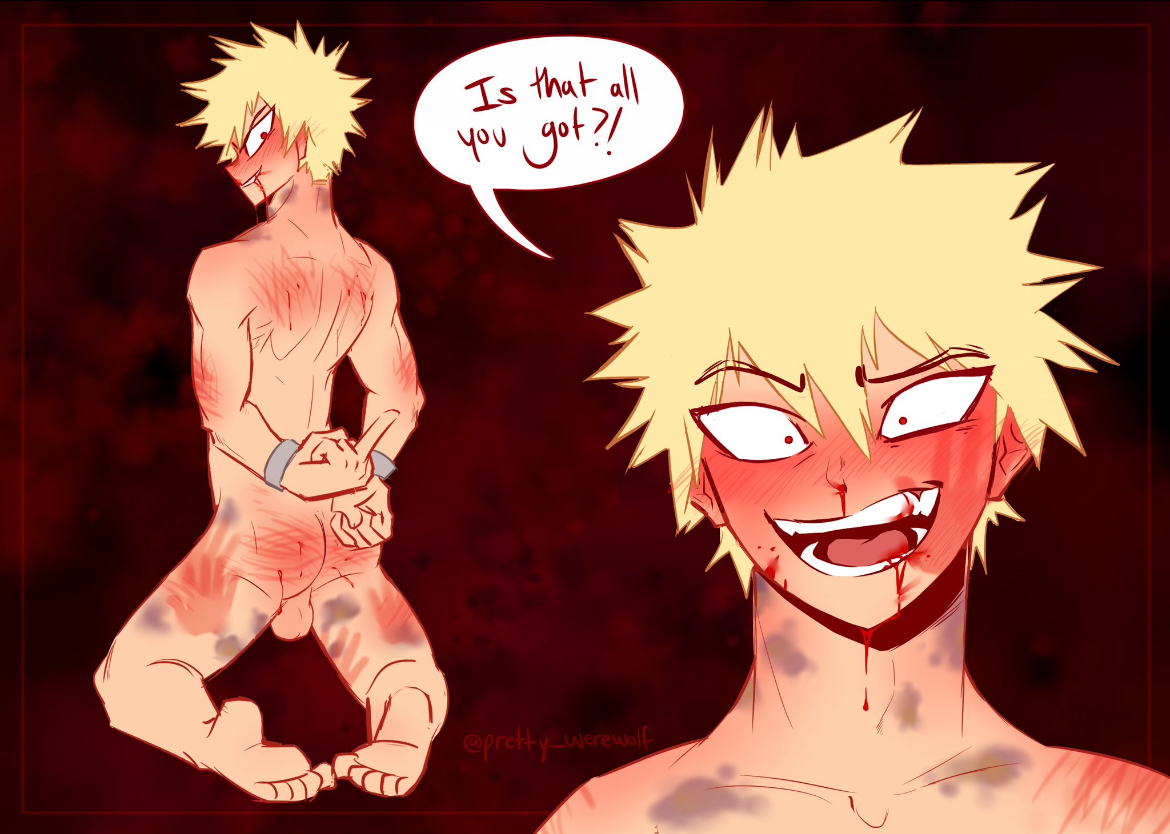 arms behind back, ass, balls, bdsm, bleeding, blood, bloody nose, brat, bratty, bruise, bruised, bruises, flipping off, gay, gay male, handcuffs, handprint, hands behind back, katsuki bakugou, male, male focus, male only, masochism, masochist, masochistic male, middle finger, muscular, muscular male, my hero academia, naked, naked male, nude, nude male, pretty werewolf, sadism, sadistic, scratches, smile, solo, solo focus, solo male, teasing, yaoi
