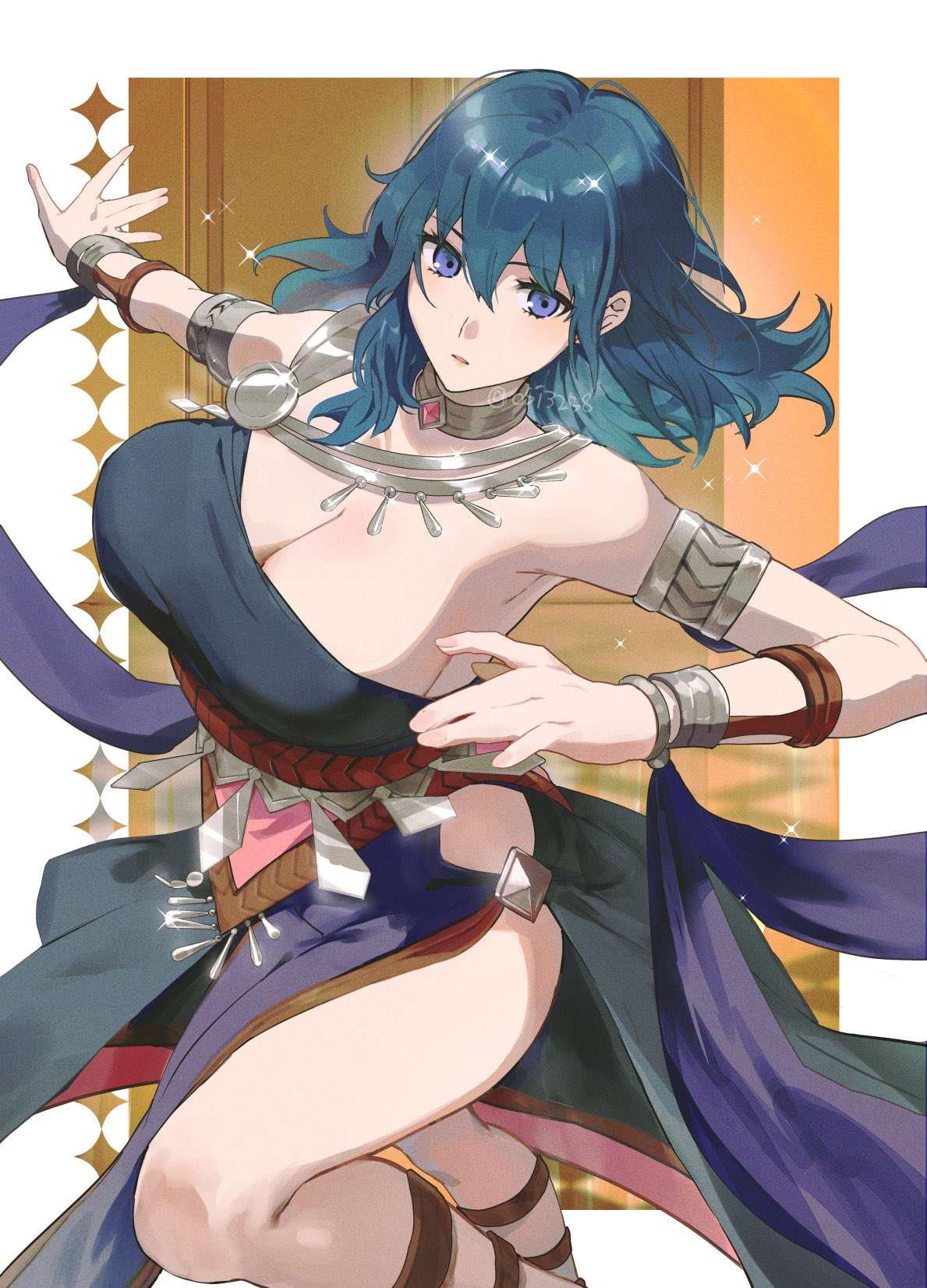 alternate costume, ancient greek clothes, armlet, armpits, bare arms, blue eyes, blue hair, bracelet, breasts, byleth (fire emblem), byleth (fire emblem) (female), cleavage, dancer, dancer (fire emblem: three houses), dancer (three houses), dancing, dress, female, female only, fire emblem, fire emblem: three houses, greco-roman clothes, highres, jewelry, large breasts, looking at viewer, neck ring, necklace, nintendo, outstretched arm, parted lips, pelvic curtain, solo, thighs, ushiomi