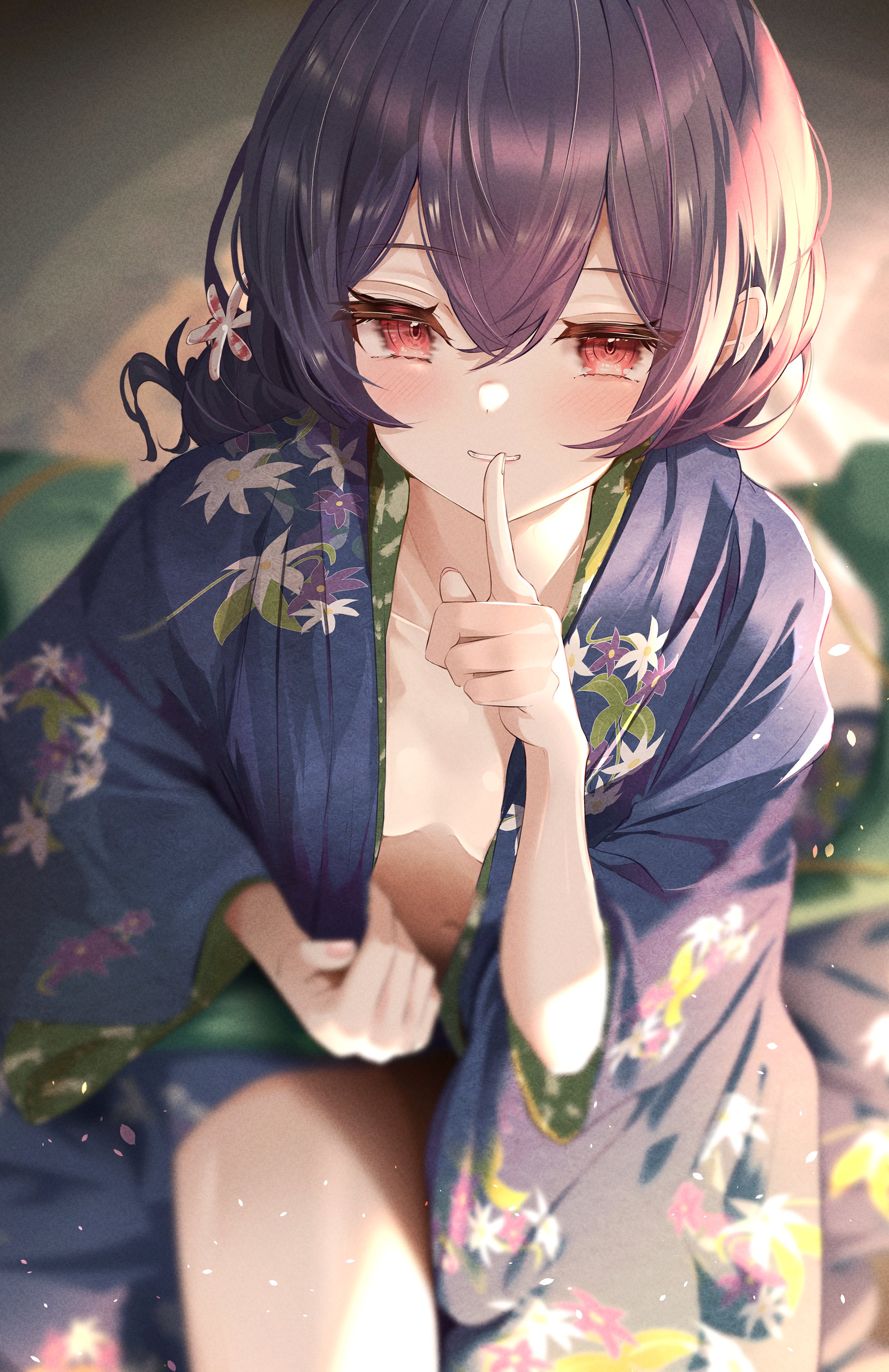 1girls, absurdres, bed, blurry, blurry background, blush, breasts, closed mouth, collarbone, commentary, downblouse, extended downblouse, female, finger to mouth, hair between eyes, hair ornament, highres, idolmaster, idolmaster shiny colors, japanese clothes, kimono, looking at viewer, medium hair, morino rinze, navel, red eyes, sky cappuccino, small breasts, undressing, yukata