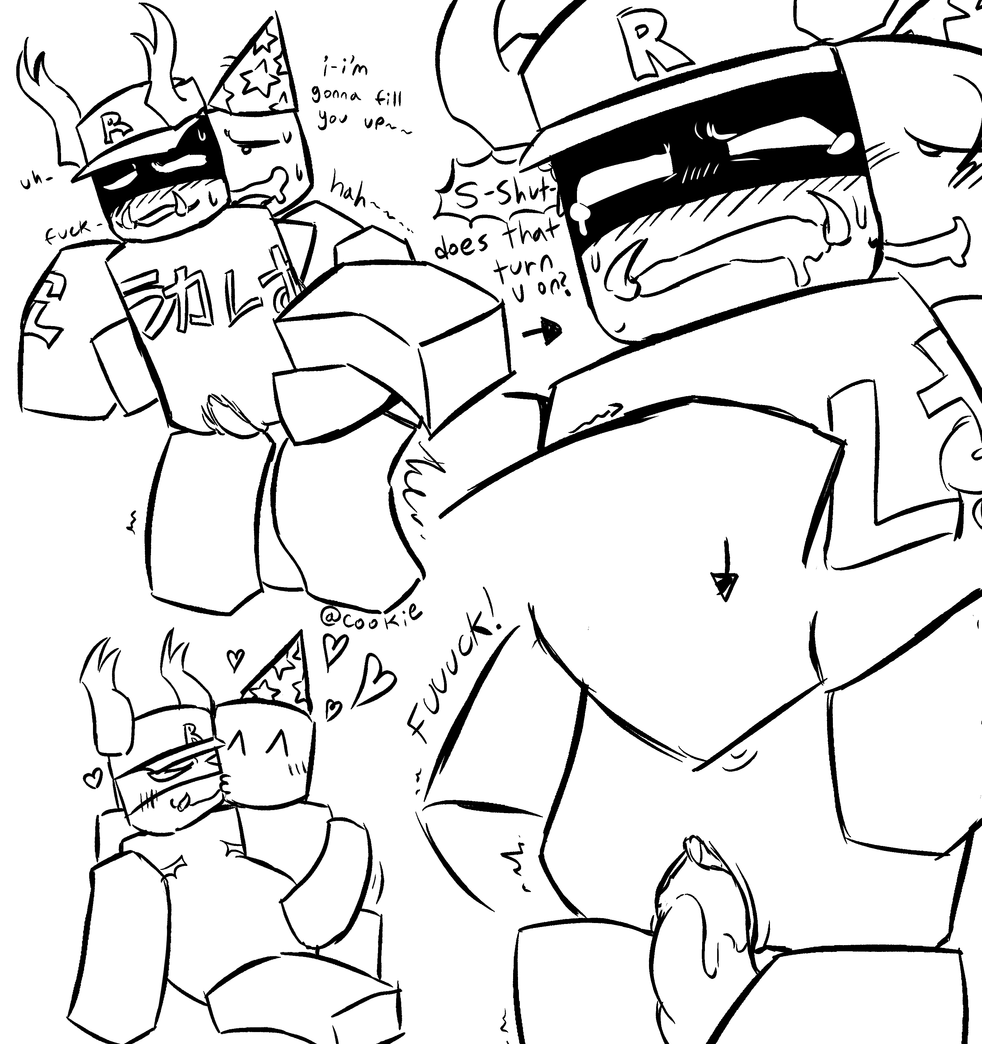 :), ^ ^, 2boys, accurate robloxian, black and white, blush, crumbz030, cum, cum in pussy, cum inside, drool, drooling, fangs, female, hat, headwear, heart, horns, kissing, male, monochrome, open mouth, party hat, pest (regretevator), poob (regretevator), pregnancy, pussy, regretevator, roblox, sharp teeth, smile, smiling, text, text bubble, trans, transgender, transgender male, vaginal penetration, vaginal sex