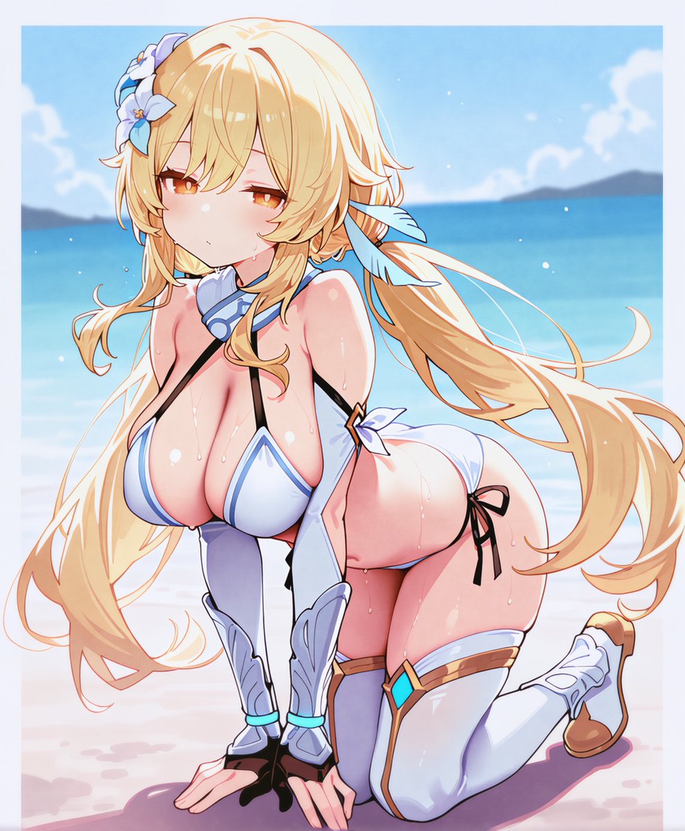 1girls, ai generated, all fours, big breasts, blonde hair, breasts, female, female only, genshin impact, large breasts, light skin, light-skinned female, looking at viewer, lumine (genshin impact), solo, thighhighs, thighs, unajyu, yellow eyes