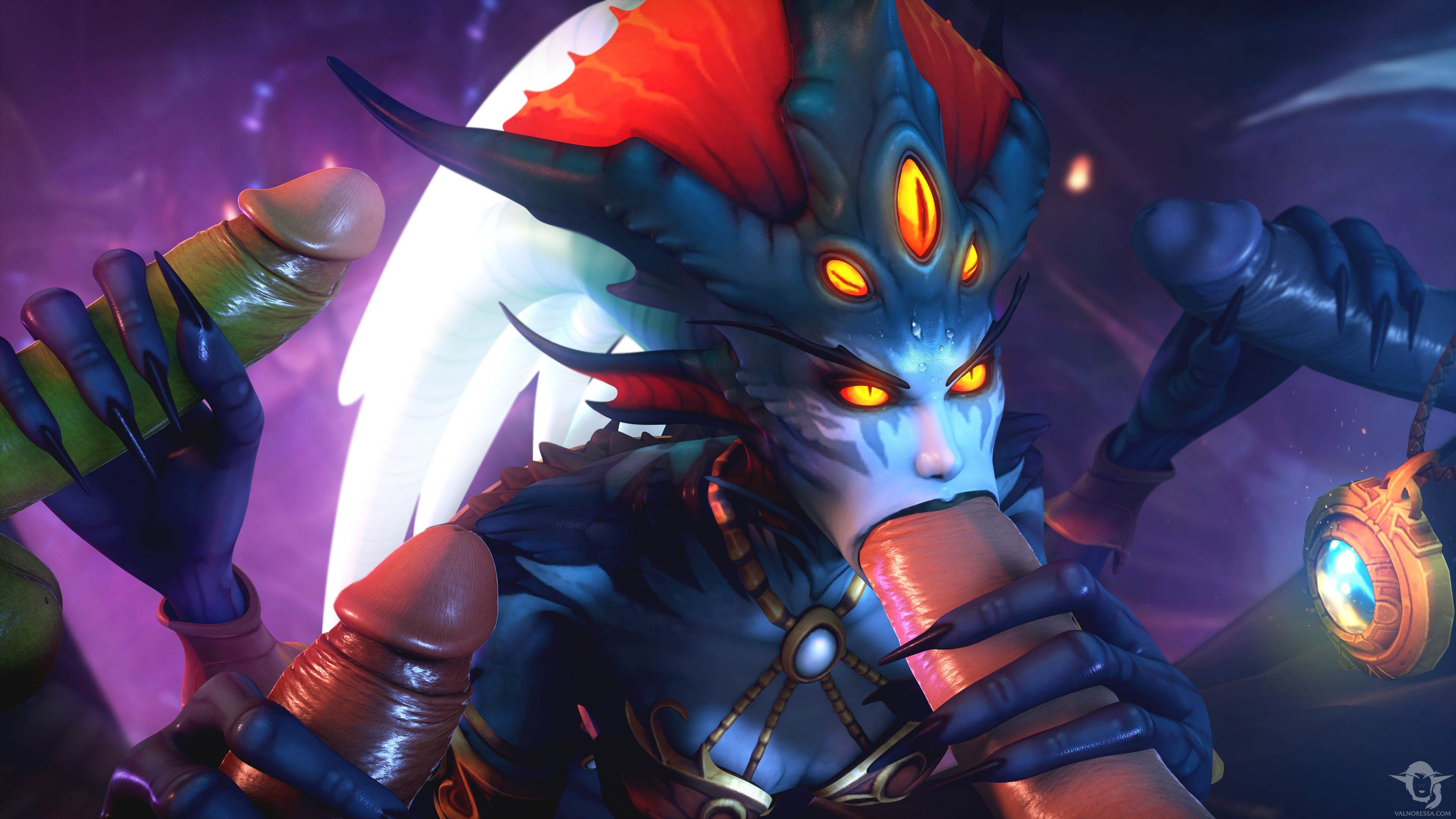 angry, big penis, blowjob, dark skin, dark-skinned male, fellatio, female, handjob, male, multiple boys, multiple handjob, multiple males, multiple penises, naga, penis, queen azshara, straight, sweat, sweatdrop, tentacle, valnoressa, warcraft, wet penis, world of warcraft