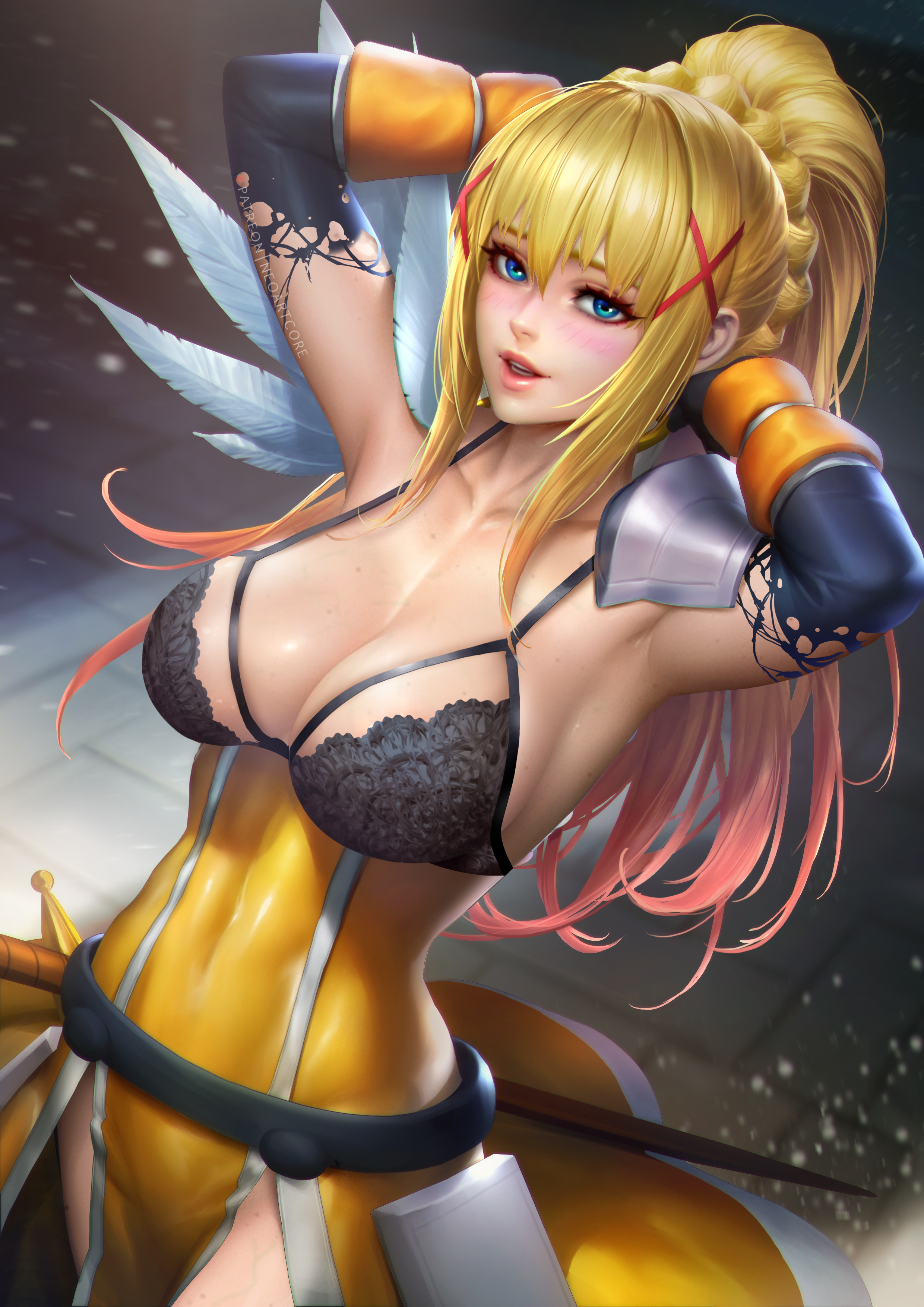 1girls, absurdres, arms behind head, arms up, black bra, blonde hair, blue eyes, blush, bra, breasts, cleavage, clothed, darkness (konosuba), female, female only, gloves, highres, human, kono subarashii sekai ni shukufuku wo!, large breasts, looking at viewer, neoartcore, paid reward, patreon reward, ponytail, pose, shiny skin, solo, standing
