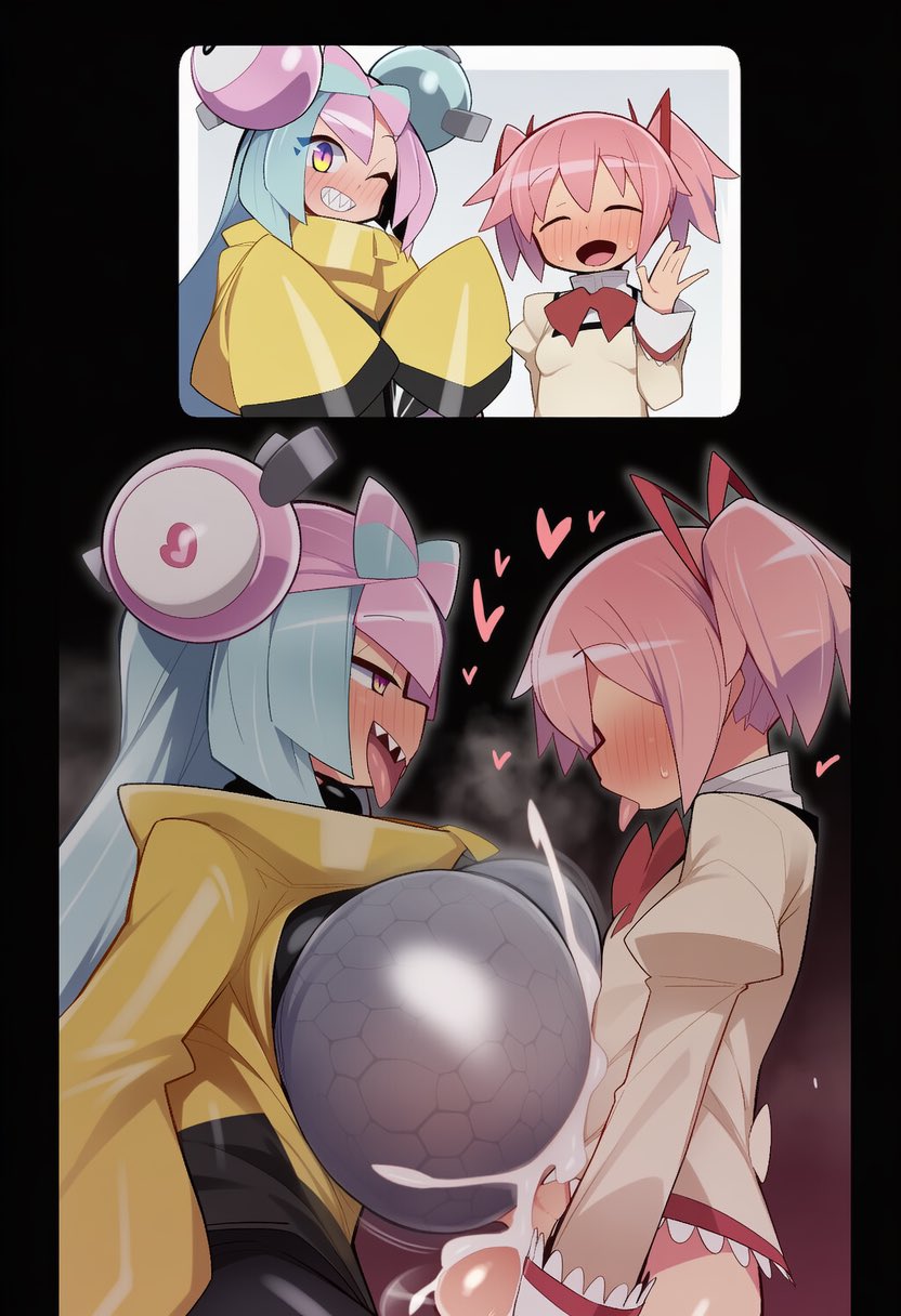 1futa, 2girls, ai generated, big breasts, big penis, braided hair, braids, breasts, cum, futanari, game freak, iono (pokemon), madoka kaname, mahou shoujo madoka magica, nintendo, paizuri, penis, pink hair, pokemon, pokemon sv, sharp teeth, tongue, tongue sticking out, yellow eyes