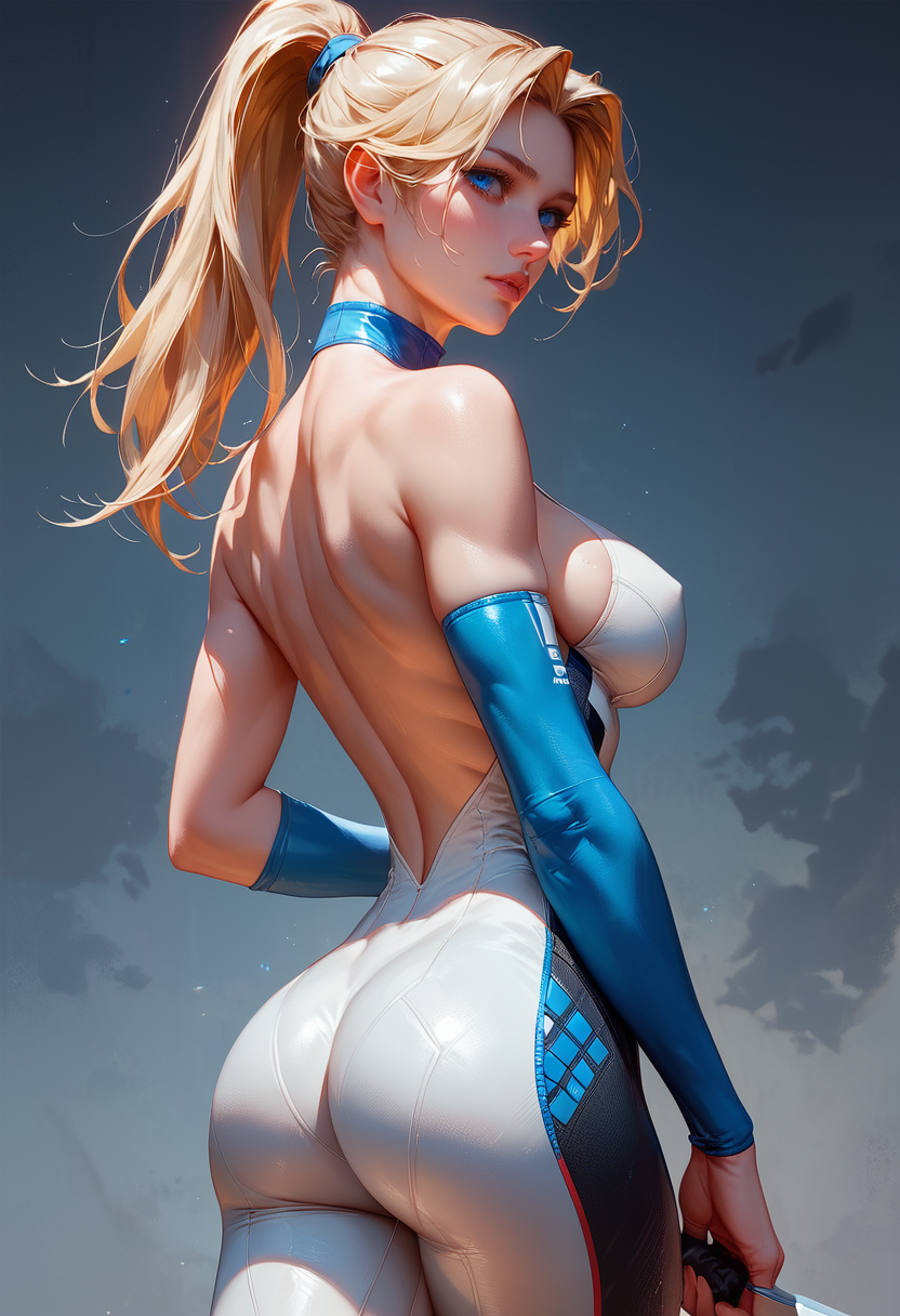 blonde_hair bodysuit female large_breasts ponytail