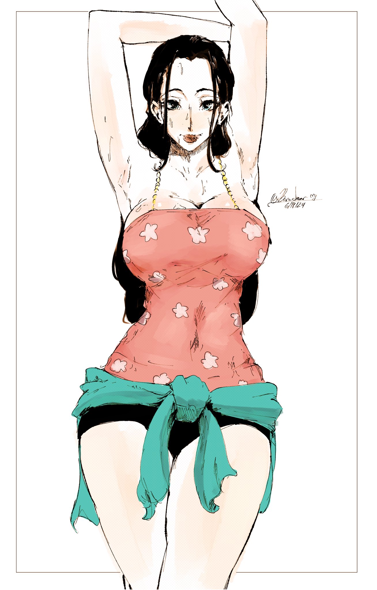 1girls, armpits, arms up, big breasts, black hair, black-haired female, bon drawr, breasts, clothing, female, female only, fully clothed, legs, looking at viewer, nico robin, one piece, punk hazard