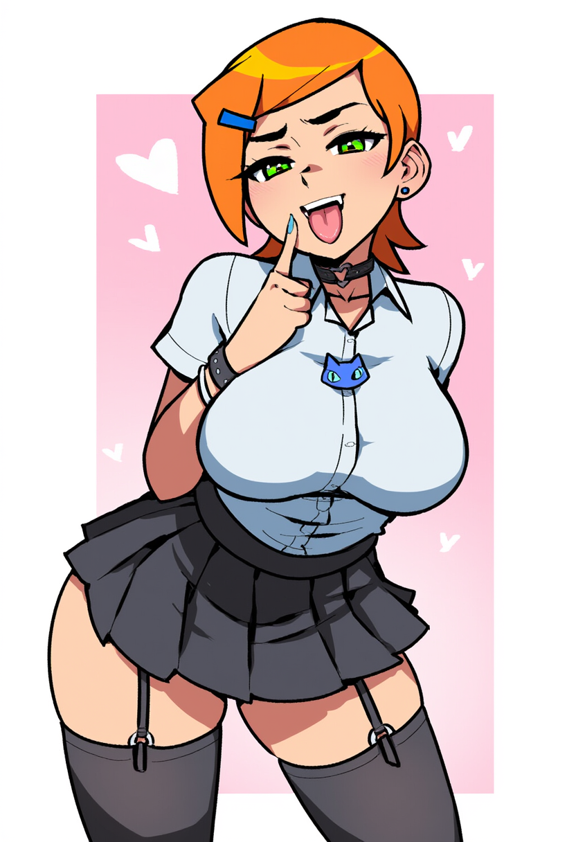 1girls aged_up ai_generated alternate_breast_size alternate_costume ben_10 big_breasts brat cartoon_network female female_only frown green_eyes gwen_tennyson high-angle_view large_breasts looking_at_viewer mullon novelai orange_hair skirt smile solo thick_thighs