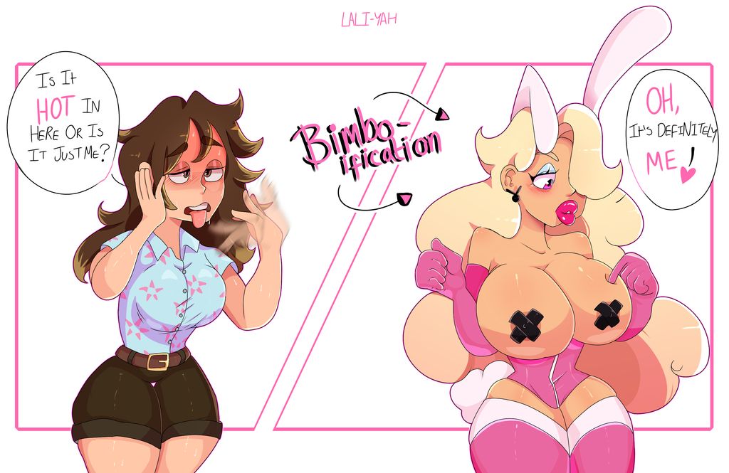 1girls, big breasts, big hips, bimbo, bimbofication, blonde hair, breasts, brown hair, bunny costume, bunny ears, bunny girl, bunny tail, bunnysuit, busty, cleavage, eyeshadow, female, gloves, hair over one eye, hips, lali-yah, lipstick, makeup, nipple tape, original character, pink clothing, transformation, voluptuous