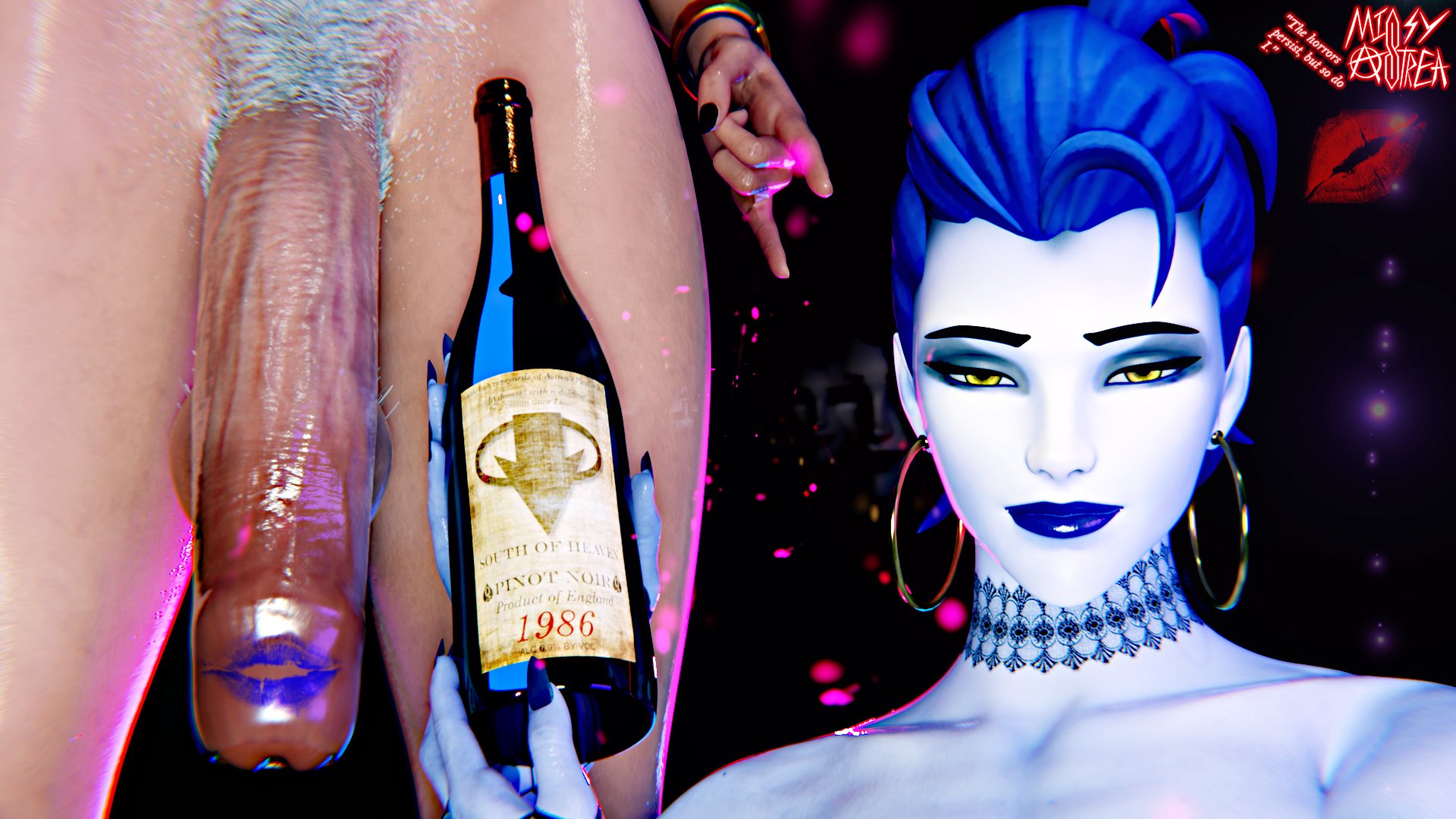 1futa, 3d, ashe (overwatch), blizzard entertainment, blue hair, blue kiss mark, blue lips, blue lipstick, blue lipstick mark, blue skin, comparing penis to object, dark blue kiss mark, dark blue lips, dark blue lipstick, dark blue lipstick mark, earrings, futa pubic hair, futa with female, futanari, hoop earrings, hoop earrings oversized, huge cock, indigo kiss mark, indigo lips, indigo lipstick, indigo lipstick mark, intersex, kiss mark on penis, lipstick, lipstick mark, lipstick on penis, looking at viewer, measuring penis, missyastrea, nyl ashe, nyl widowmaker, overwatch, penis, pubic hair, veiny penis, widowmaker, wine bottle