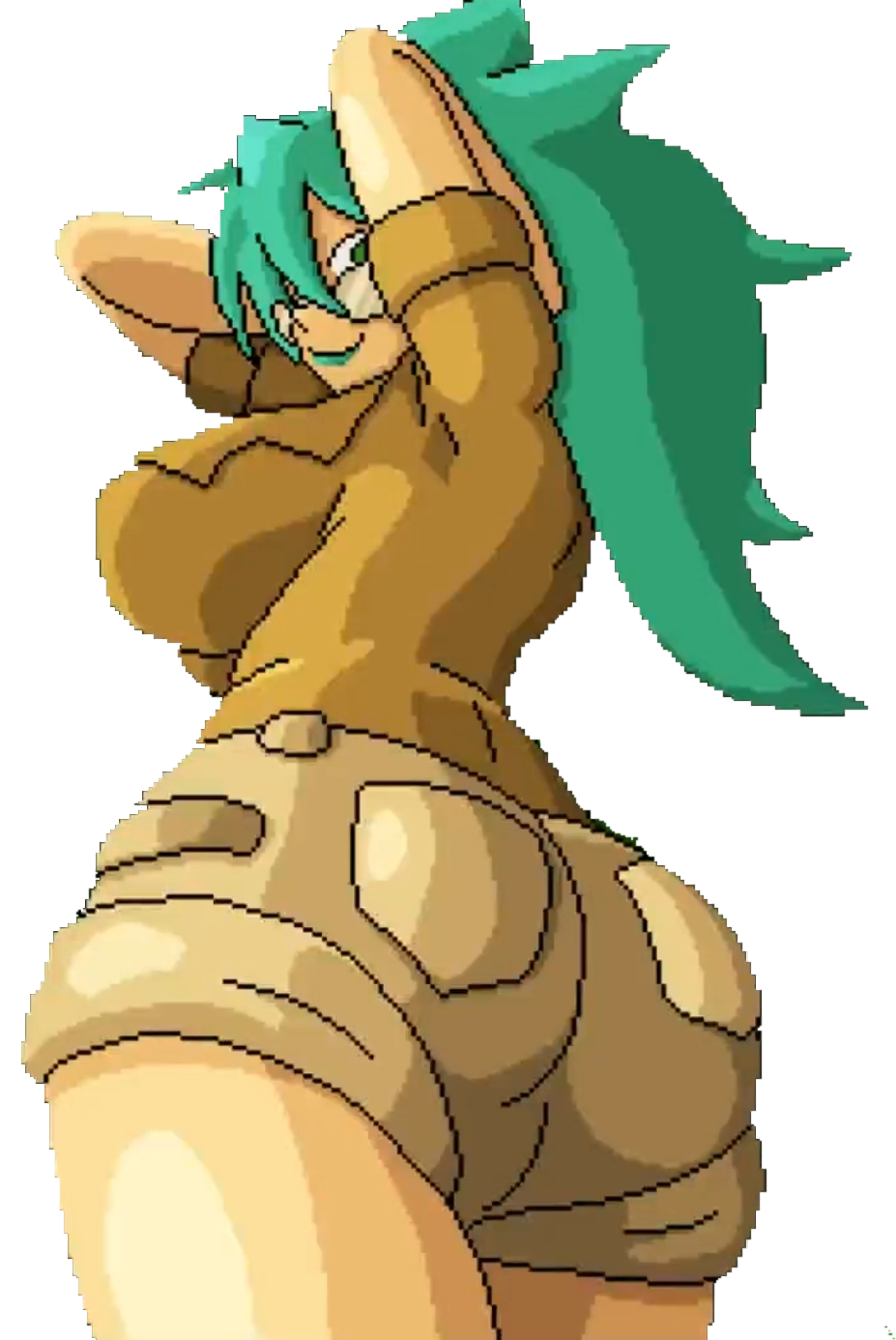 arm_up big_ass big_breasts delva female flash_game fully_clothed glasses green_eyes kongregate labyrneath looking_at_viewer looking_back pixel_art short_jeans teal_hair teal_lips thick_thighs transparent_background