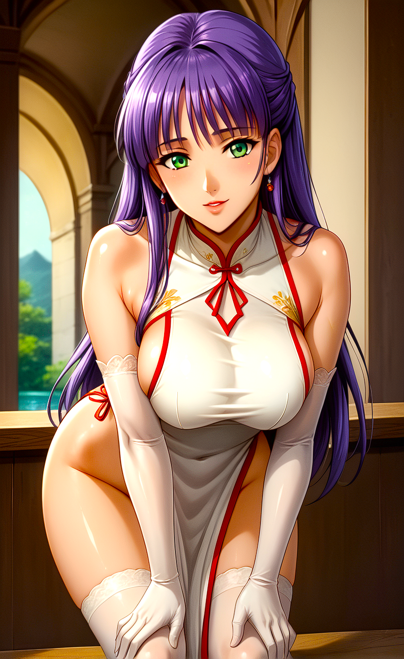 1girls ai_generated anime babe bangs beautiful bending_forward big_boobs braid bridal_gloves busty_female castle china_dress chinese_clothes curvy cute day dress earrings green_eyes_female high_school high_school_student himenogi_shizuka kawaii large_breasts long_hair_female nature_background purple_hair river schoolgirl sexy shin_angel stockings sultry_eyes thick_thighs toongenai waifu white_dress white_gloves white_stockings wood wood_wall