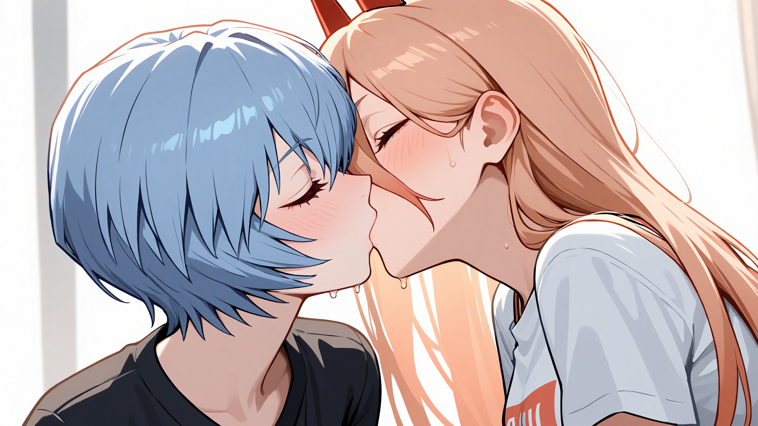 2girls, ai generated, blonde hair, blue hair, blush, chainsaw man, closed eyes, clothed, clothing, collarbone, cute, eyebrows visible through hair, female, female only, french kiss, french kissing, girls kissing, horns, intimate, kissing, lesbian kiss, light skin, long hair, making out, multiple females, multiple girls, neon genesis evangelion, power (chainsaw man), rei ayanami, self upload, short hair, straight, sweat, yuri