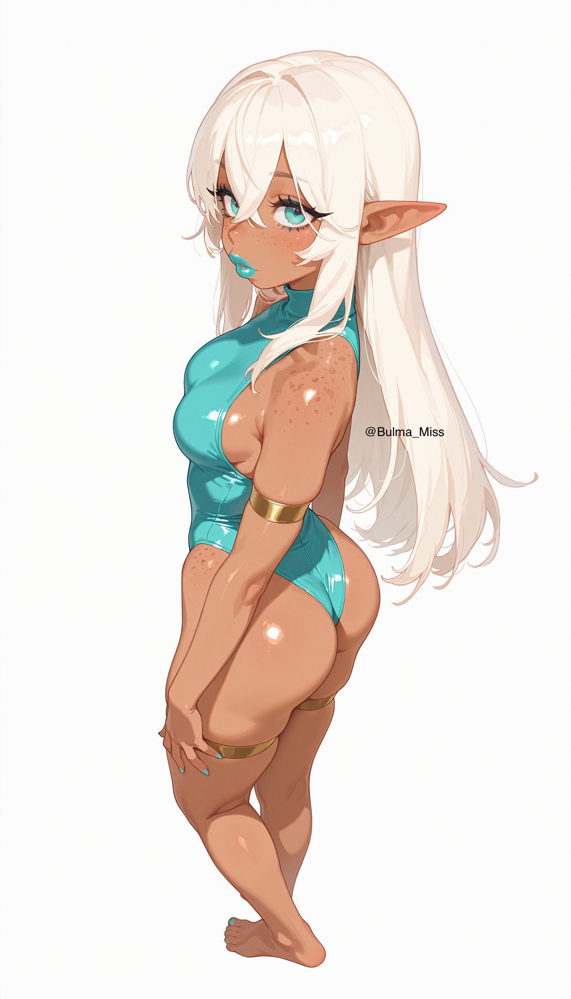 artist_request big_ass blue_eyes blue_lipstick commission elf elf_ears elf_female feet imminent_sex leotard looking_at_viewer looking_back oc plump_lips pointy_ears submissive_female thick_ass thick_thighs white_hair yumi_dark_elf