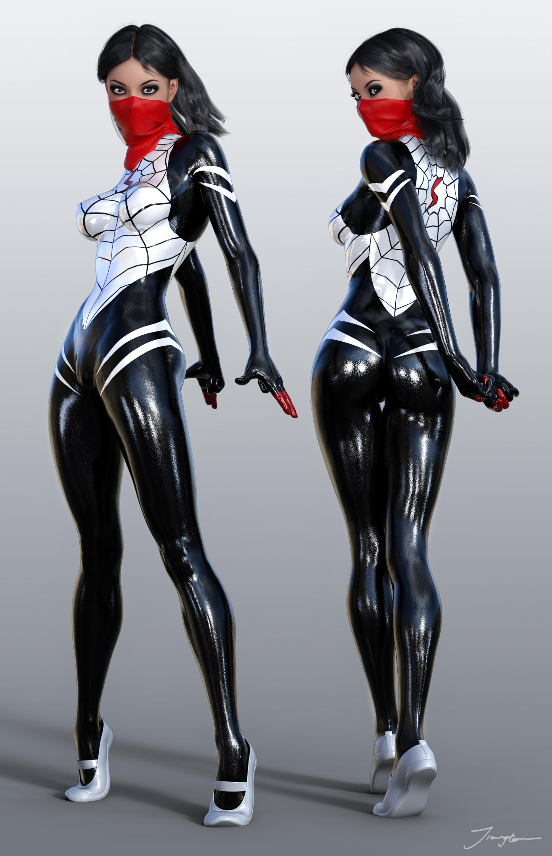 1girls, 3d, ass, back view, big breasts, black bodysuit, black hair, bodysuit, breasts, cameltoe, cindy moon, erect nipples, erect nipples under clothes, eyeshadow, female, female only, flats, from behind, front view, human, long hair, makeup, marvel, marvel comics, mascara, mask, nipple bulge, nipples, pinup, pussy, red mask, shoes, signature, silk, silk (marvel), solo, spider-man (series), standing, superheroine, tiangtam, tiptoes, white bodysuit, white shoes