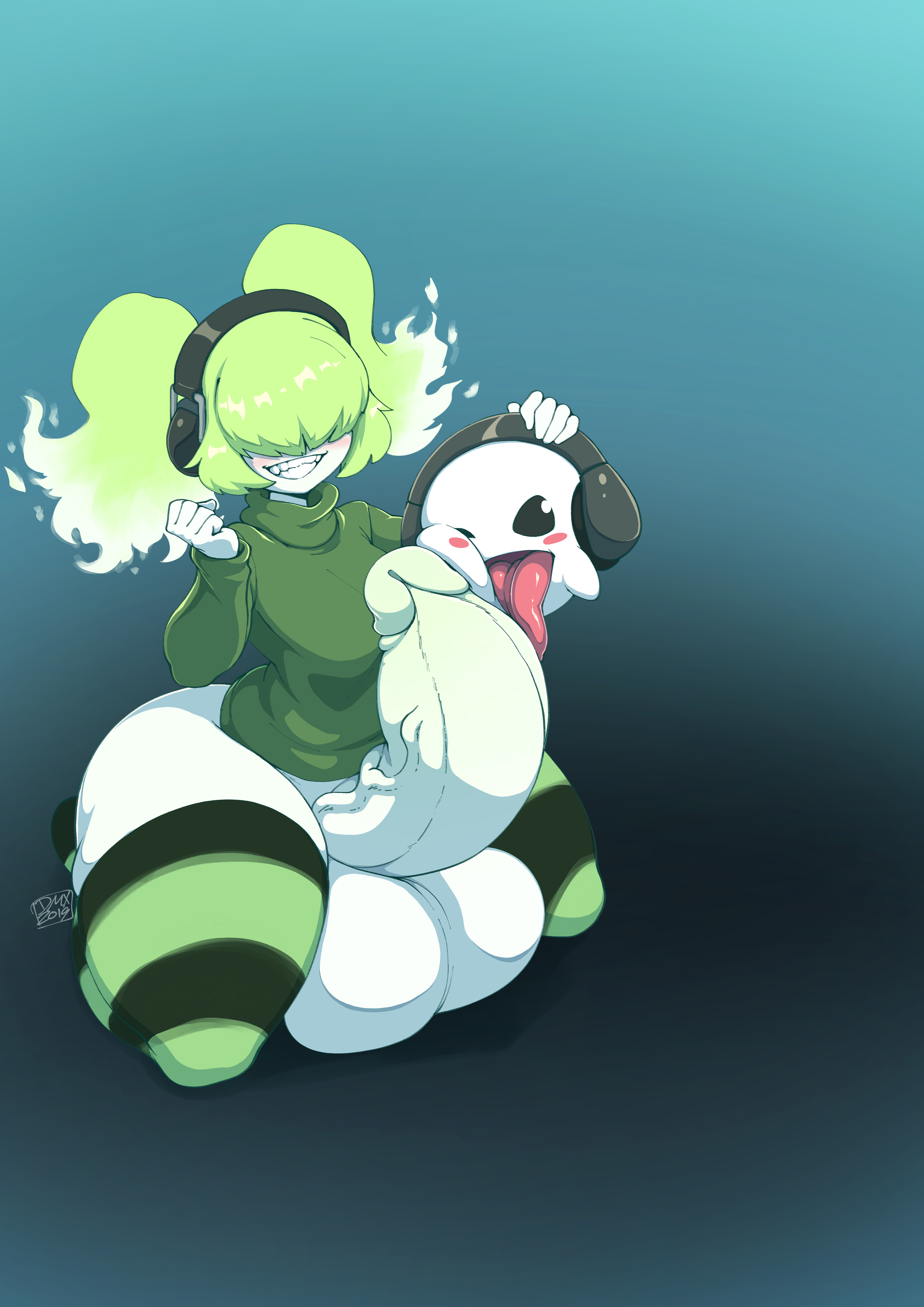 1futa, absurdres, ambiguous gender, arched back, ass, balls, beth (chaozdesignz), bottom heavy, bottomless, breasts, chaoz (chaozdesignz), clothed, clothing, dickgirl, dmxwoops, duo, erection, fellatio, futanari, gigantic ass, gigantic balls, gigantic penis, gigantic testicles, hair over eyes, highres, huge ass, huge balls, huge cock, humanoid, humanoid penis, intersex, oral, partially clothed, penis, sitting, testicles, thick thighs, thighhighs, wide hips