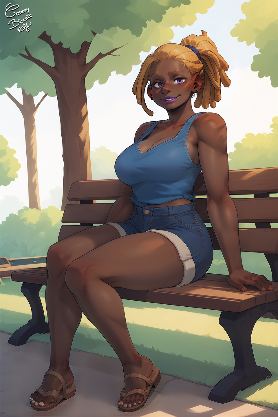 ai_assisted ai_generated bench blonde_hair blue_tank_top breasts cleavage creamybiscuit dark_skin dark_skinned_female denim denim_shorts dreadlocks earrings flip_flops jewelry large_breasts lips lipstick makeup muscular muscular_female purple_eyes purple_lips sandals shorts smile tank_top thick_thighs thighs toes very_dark_skin